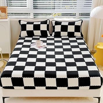 ZIQINPSQ Milk Velvet Fitted Sheet Twin XL,Breathable Checkered Bedding Mattress Cover,Luxury Cozy Comfy Flannel Gingham Sheet with 15" Deep Pocket, No Pillowcases,Black