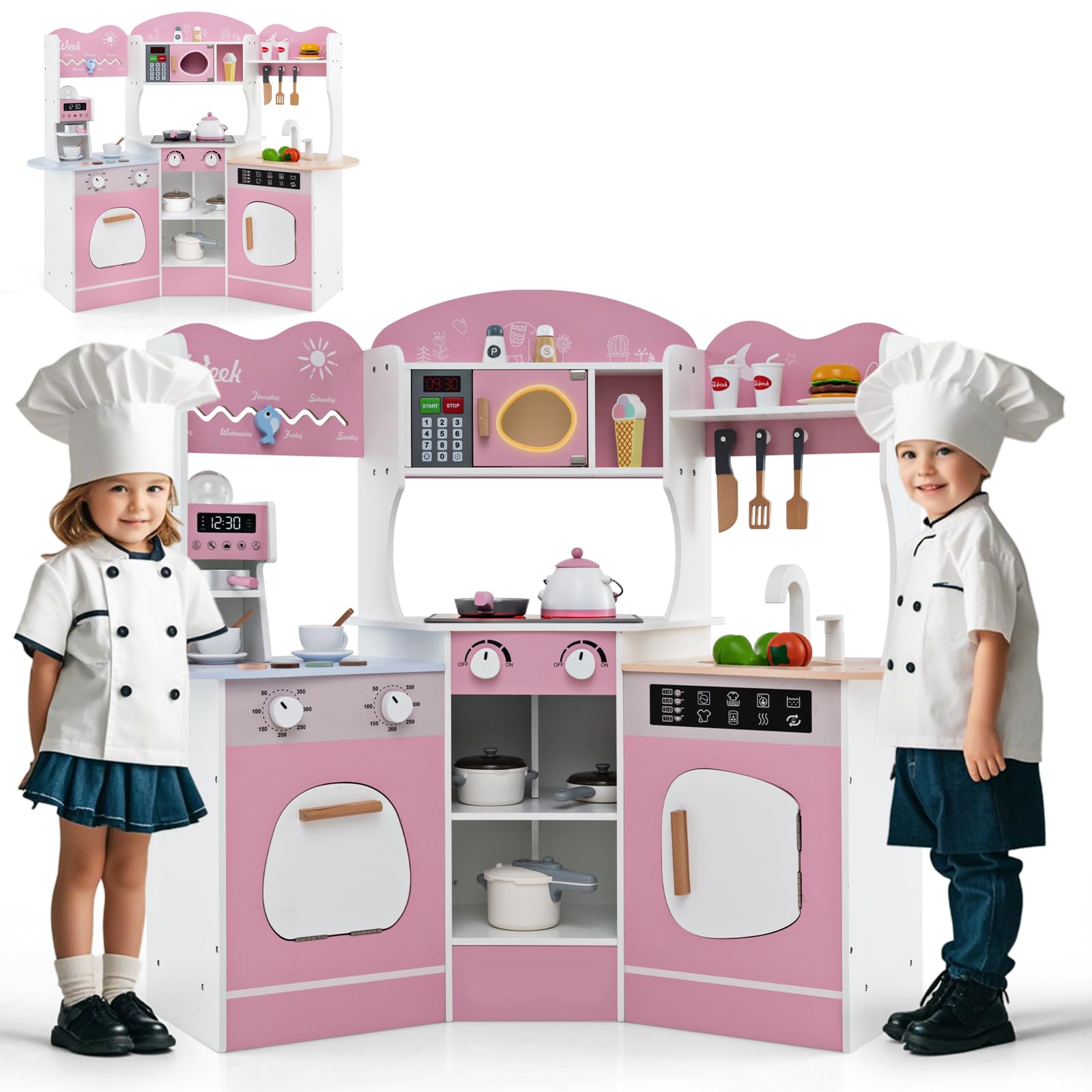 HOMASIS Kinderküche mit Licht & Sound, Spielküche mit 16 Spielzubehör, Küchenset mit Kaffeemaschine Spüle Mikrowelle Ofen Waschmaschine, Spielzeugküche Holz, Eckküche für Kinder ab 3 Jahren (Rosa)