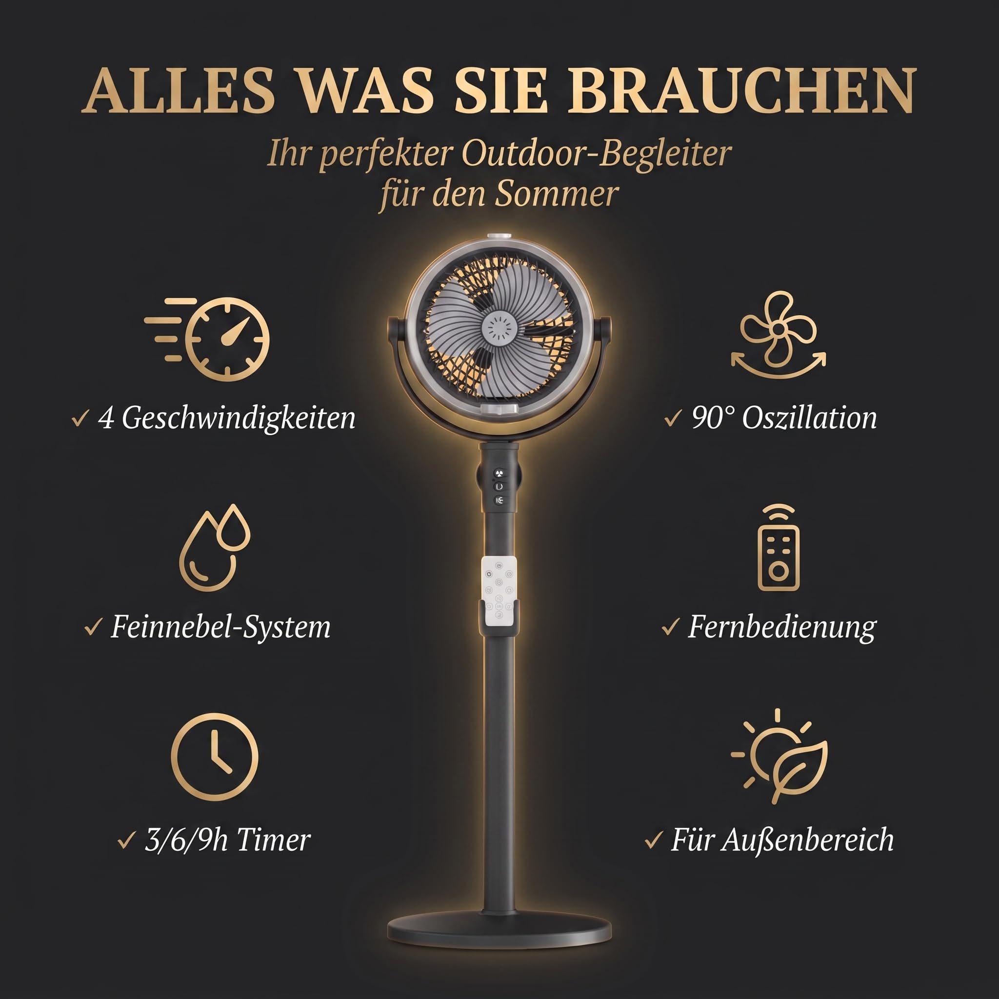 Outdoor Misting Ventilator, Nebel Ventilator Mit 4 Geschwindigkeiten | Misting Ventilator mit Fernbedienung/Timer, 150° anpassbar Oszillierend, für Terrasse, Deck, Camping, Garten(schwarz)
