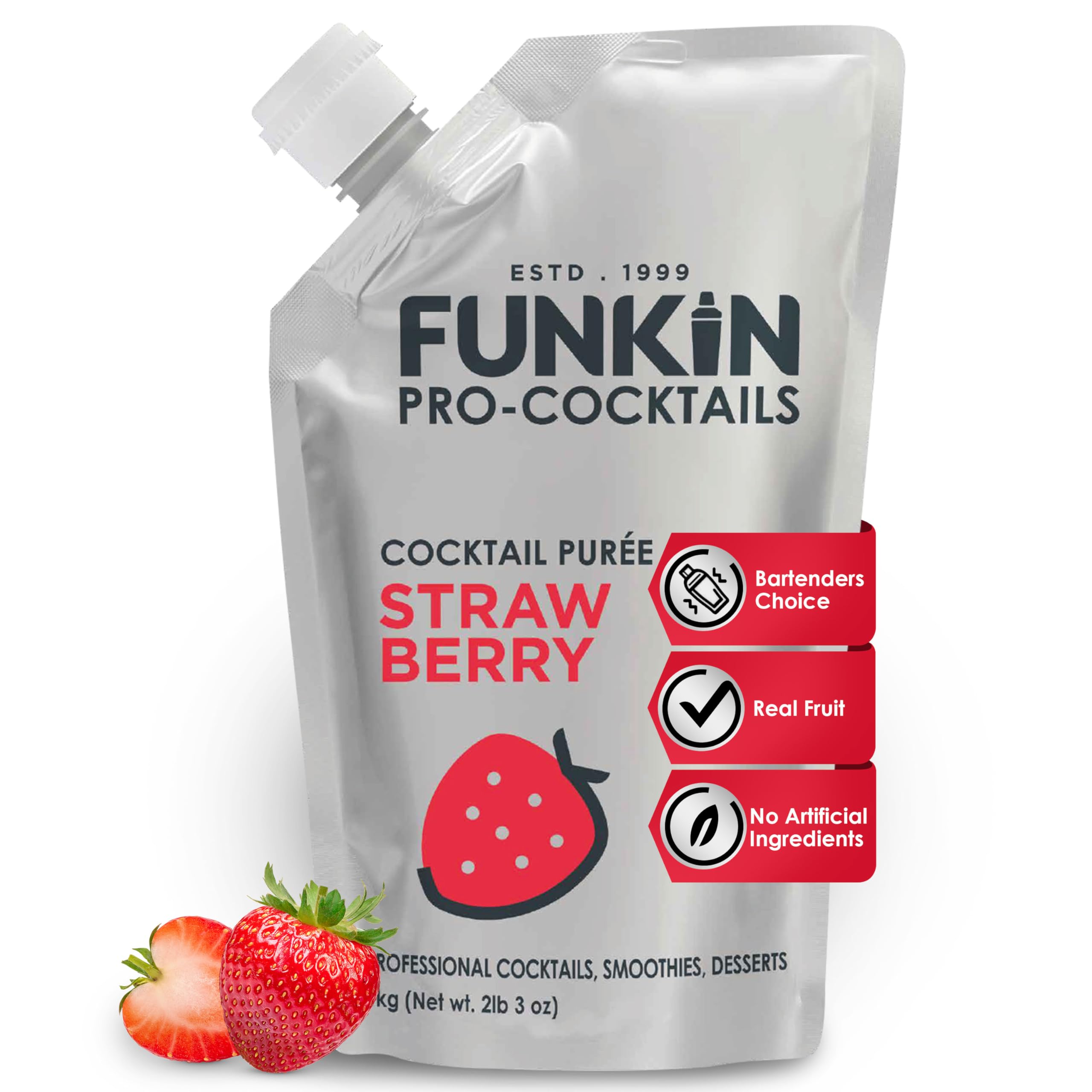 Fruit Puree | Real Fruit, Simple Ingredient, Natural Mixer for Cocktails, Drinks, Smoothies | Vegan, Non-GMO, Gluten-Free (2.2 lbs) (Strawberry)