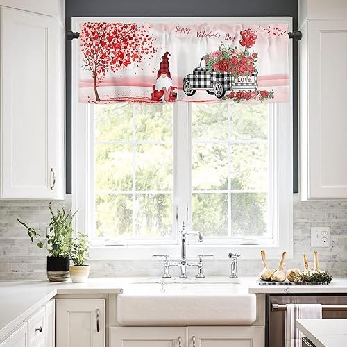 Miniatura 2 de WLongdecor Cortinas de cenefa para el día de San Valentín diseño de gnomo y camión cortinas cortas para ventana de camión 1 panel para ventana