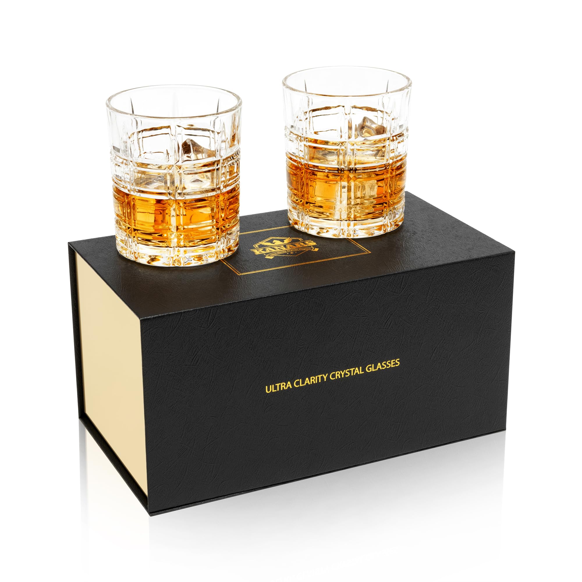 KANARS Lot de 2 verres à whisky en cristal à l'ancienne dans une boîte cadeau, 300 ml, pour scotch, whisky, cognac, bourbon, cadeau pour fête des pères, mariage