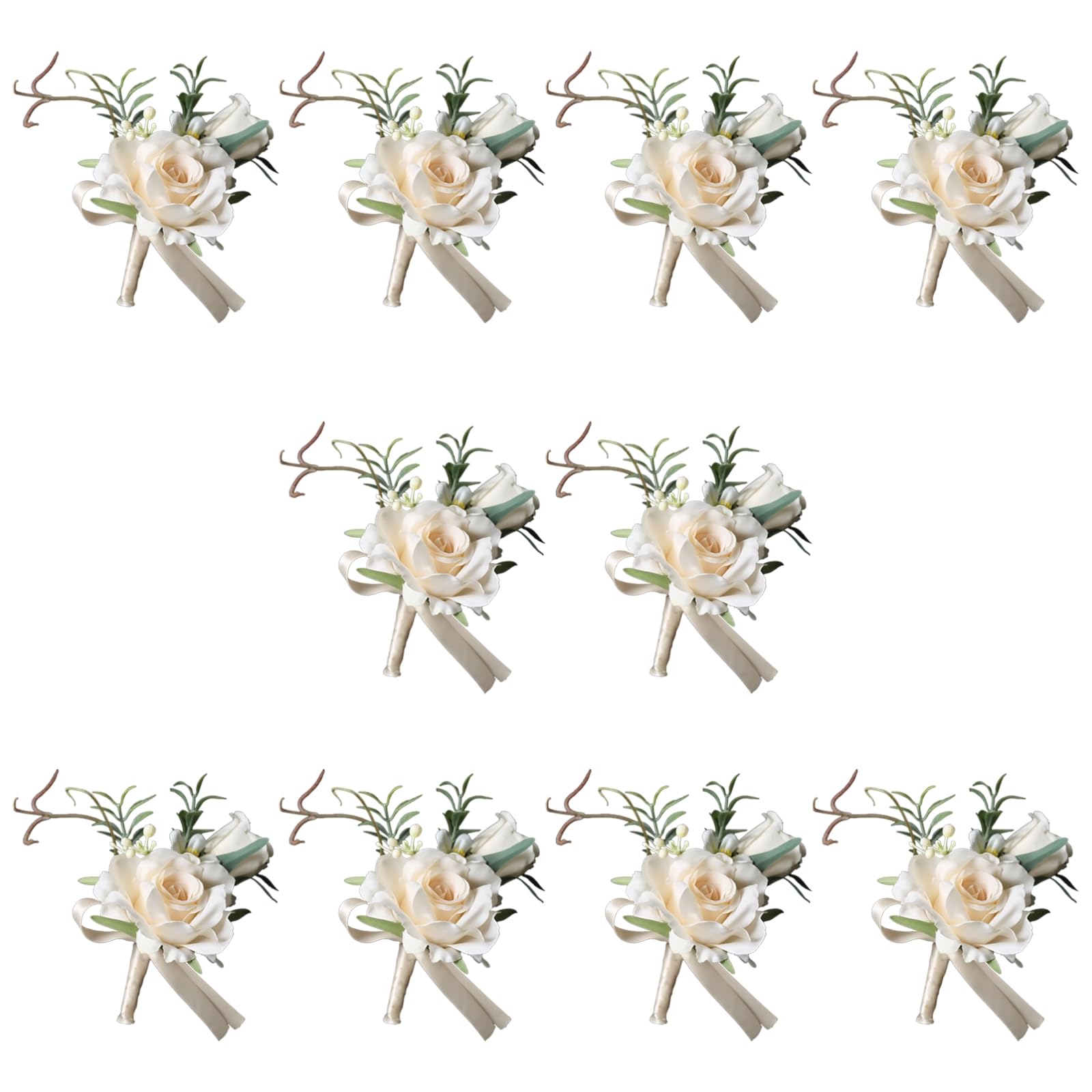 10 szt. Boutonniere ślubne dla mężczyzn, sztuczna beżowa róża pana młodego butoniera, jedwabna wstążka, kokarda i przypinka, formalne akcesorium ślubne dla pana młodego, drużby, ceremonii, przyjęcia i