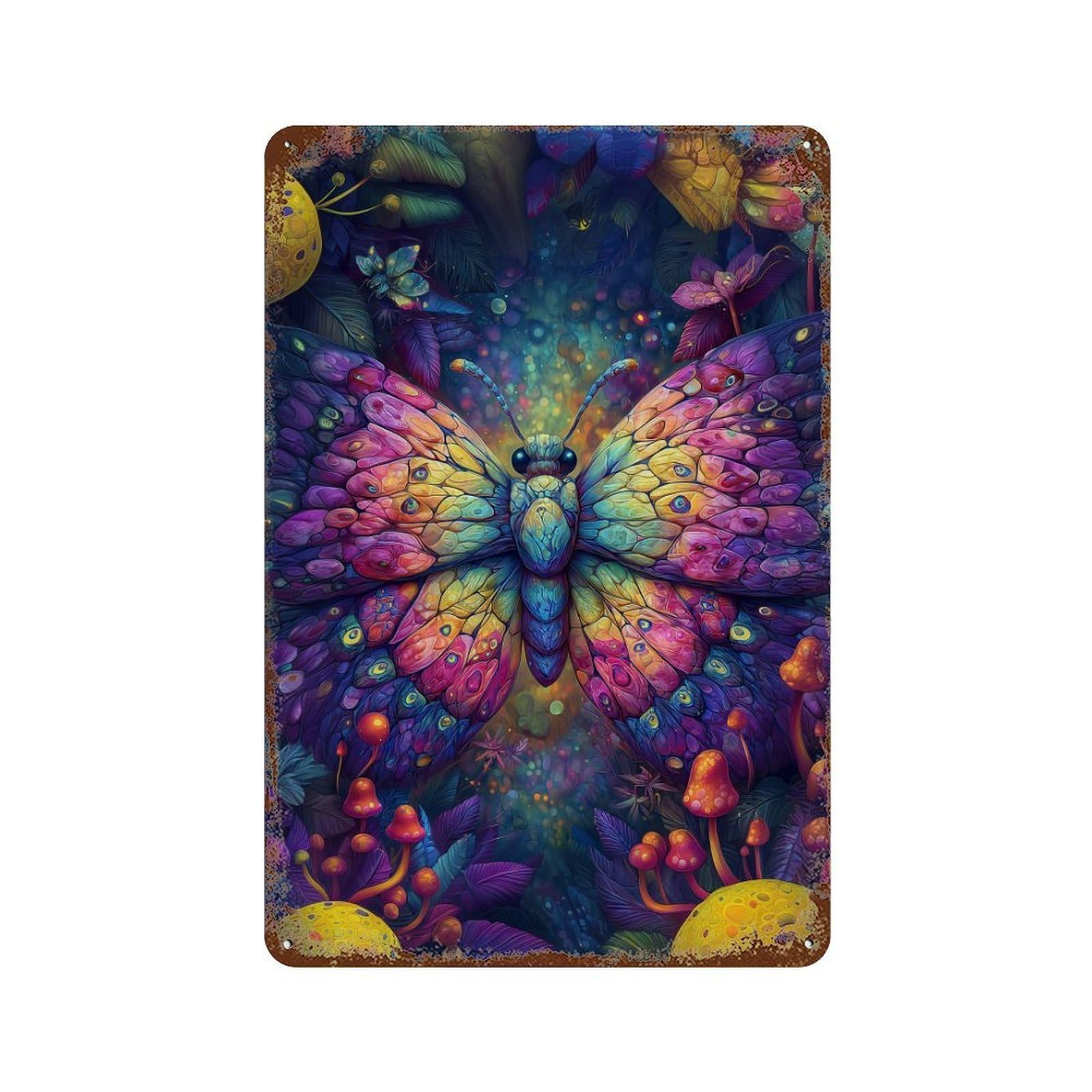 Colorful Fantasy Butterfly Rust Effect Tin Sign 11.8"x7.9", Retro Wall Decor for Pub, Kitchen And Man Cave Decor