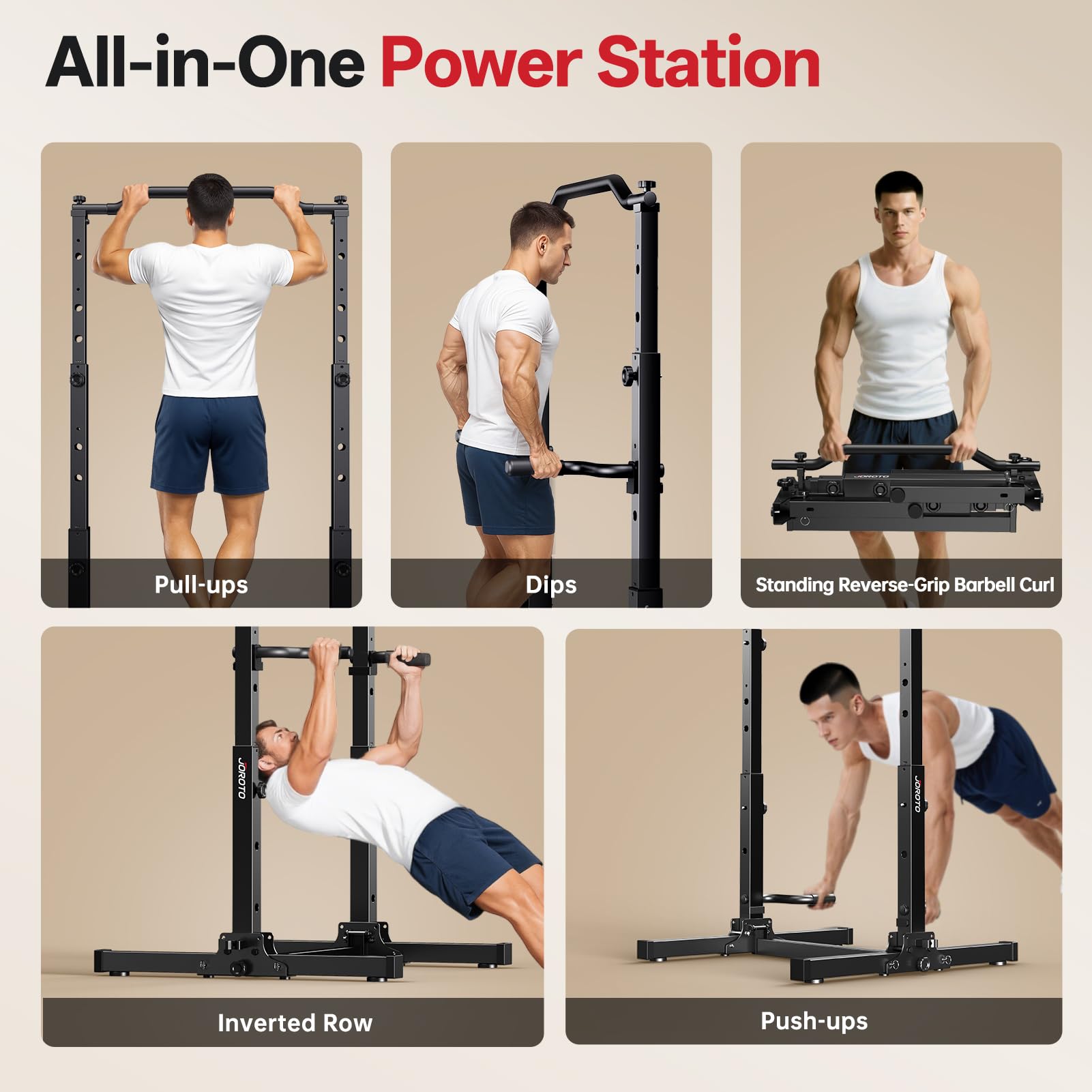 JOROTO Plegable Power Tower Dip Station, Altura Ajustable Estación de Dominadas Independiente, 5 en 1 Estación de Fondos Multifuncional Home Gym Pull Up Station, 172KG Capacidad