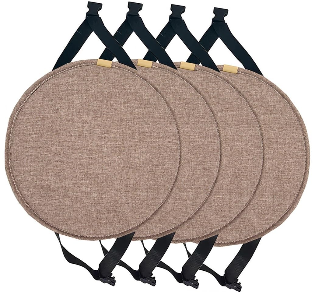 Coussin de chaise rond 40 cm gris café avec attaches pour tabouret haut de cuisine, lot de 4