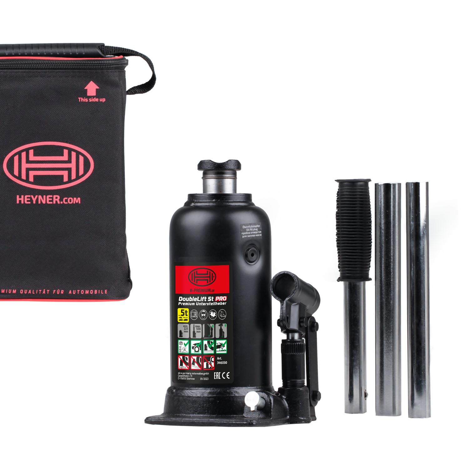 HEYNER® Hydraulischer Unterstellheber 2-stufig I DoubleLift 5t PRO I Stempelwagenheber aus Stahl I Hubhöhe 225–500 mm I Autoheber für SUV Transporter Wohnmobil I inkl. Tasche & Gummigriff