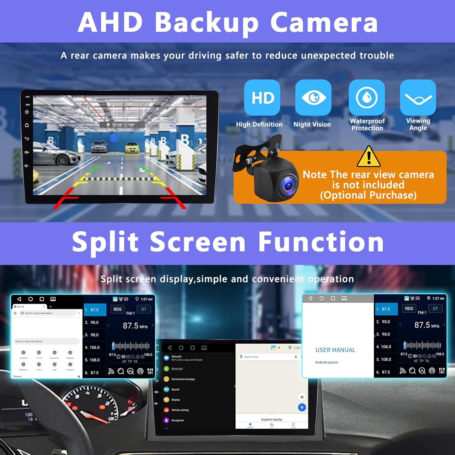 Car stereo screen divided into two sections, showing different applications running simultaneously in split-screen mode.