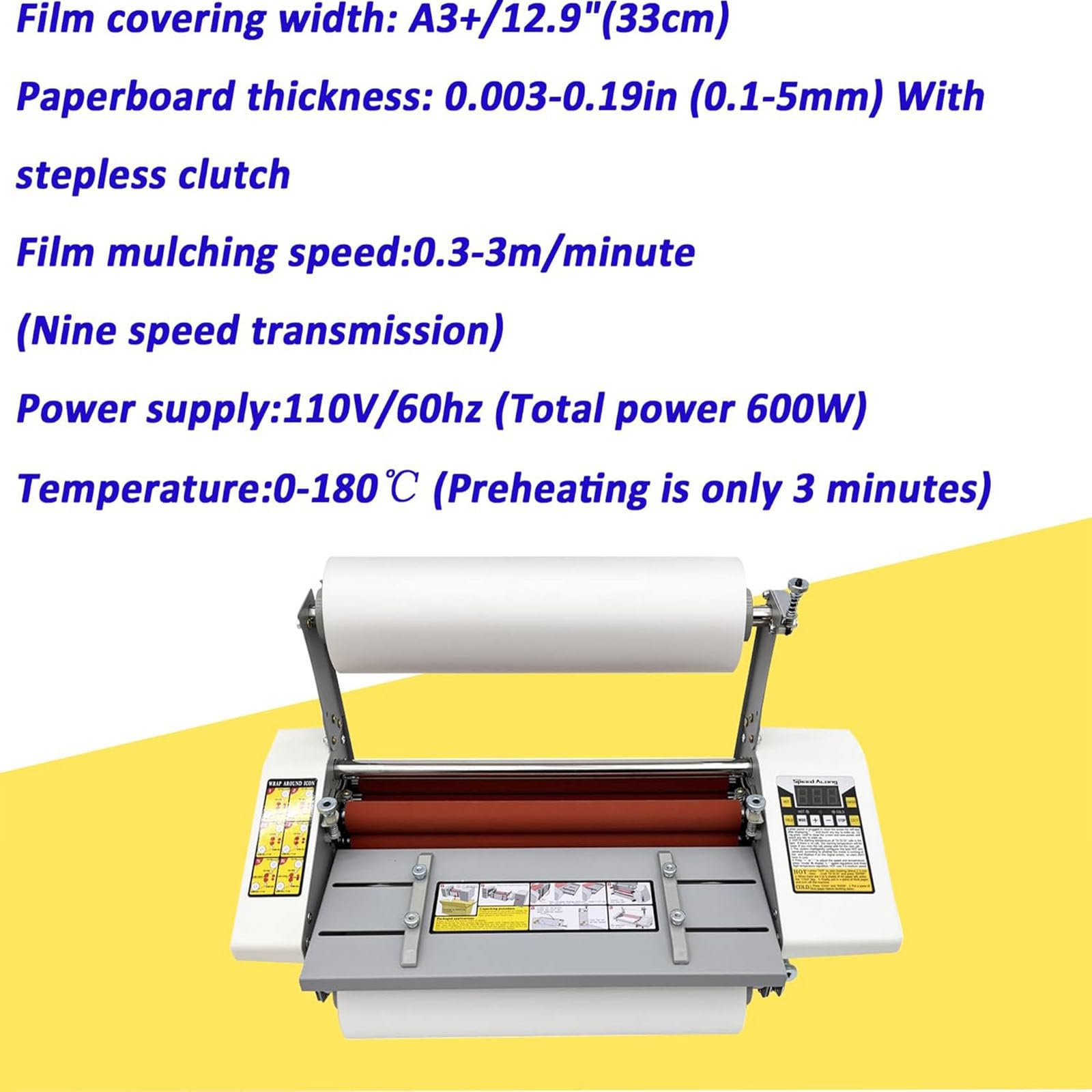 Laminator rolkowy na zimno i gorąco, 17,3 cala A2 dwustronny laminator rolkowy na zimno i gorąco z wyświetlaczem cyfrowym/funkcja ogrzewania wałka termicznego/bezstopniowa regulacja prędkości