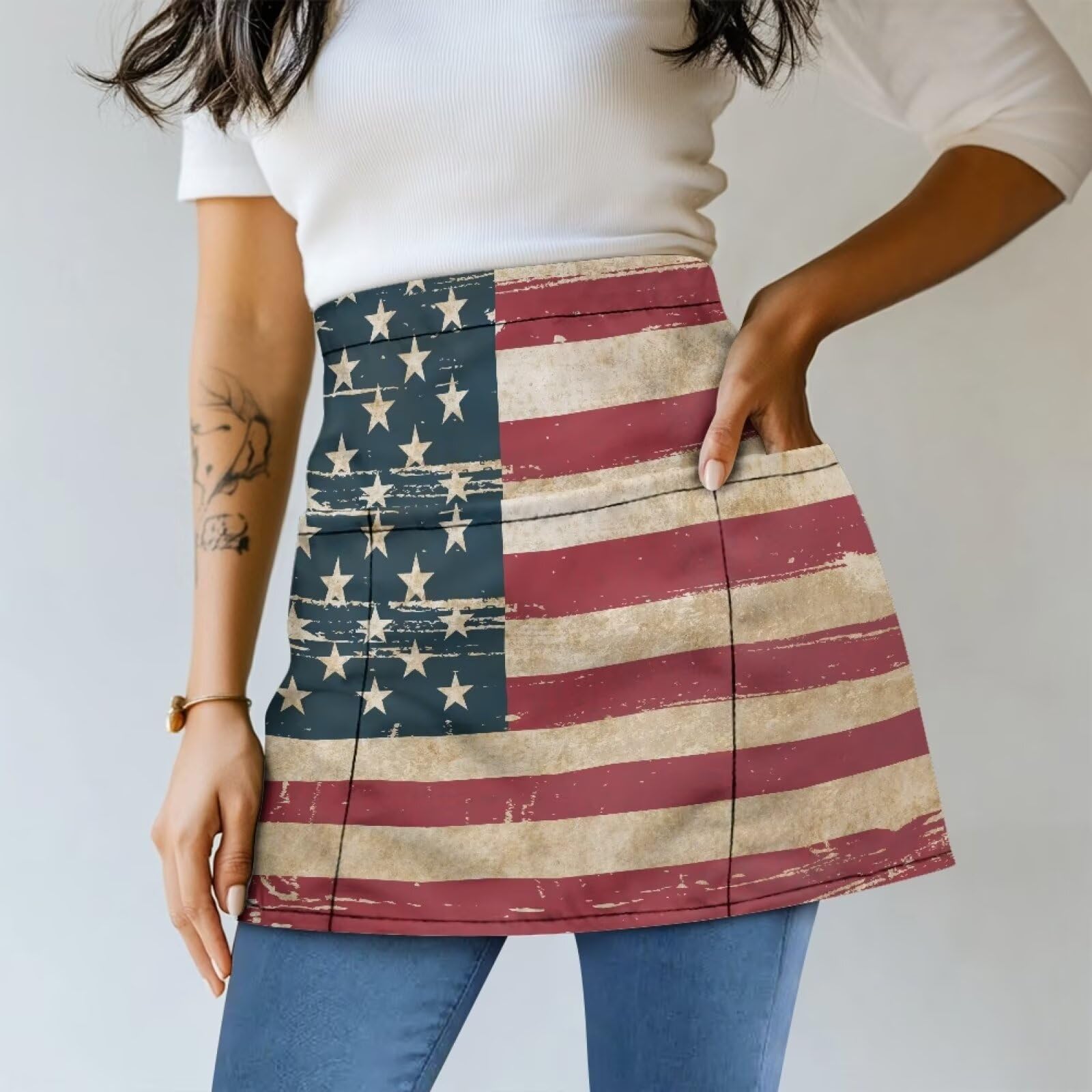 Noprintge American Flag Print Waist Apron with 3 Pockets, Retro Patriotic USA Flag Half Apron for Waitress Waiter, Maid Apron Easy to Clean and Lightweight