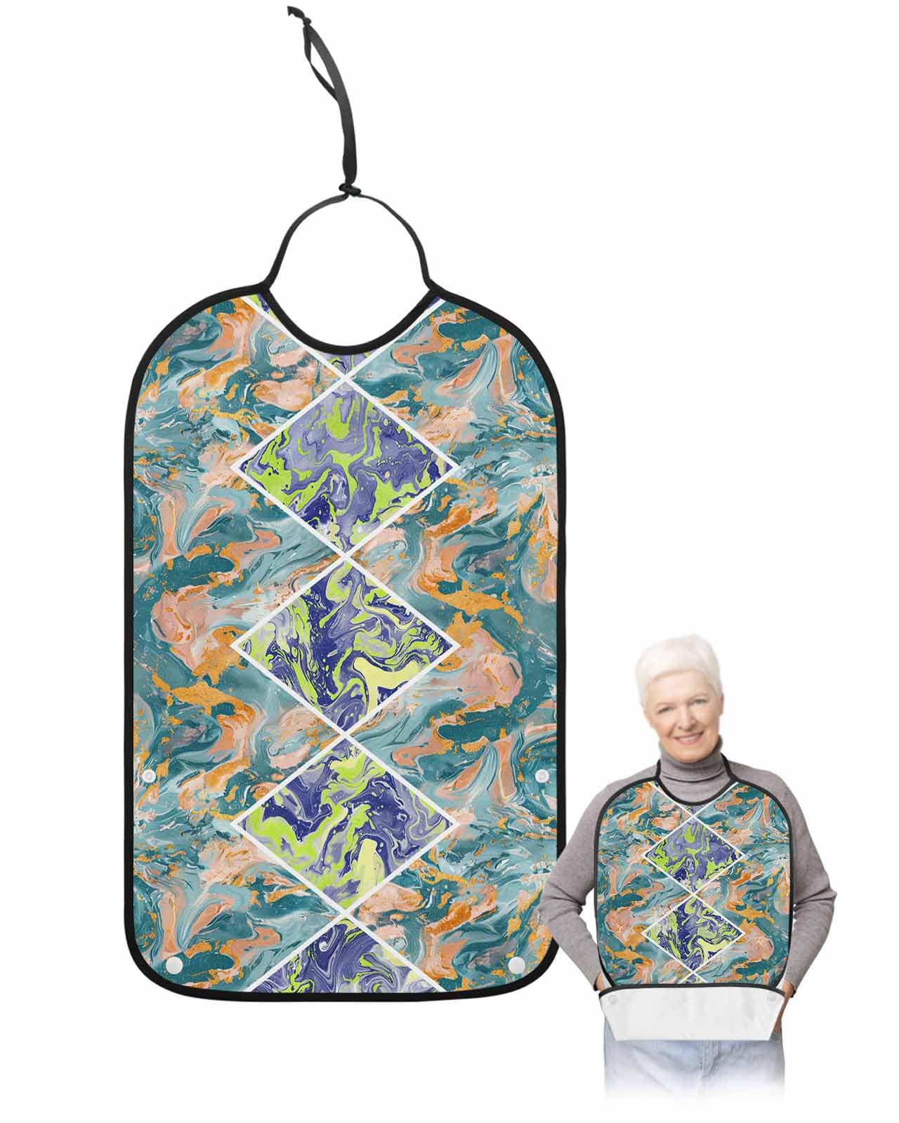 LEOKOTI Abstract Geometric Adult Bibs for Eating, Waterproof Bibs with Food Catcher & Adjustable Snap Closure, Contemporary Marble Abstract Art Washable Clothing Protectors Adult Bibs for Elderly