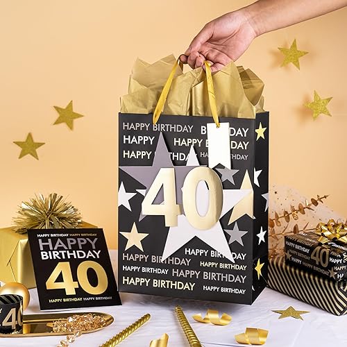 Miniatura 4 de Loveinside Bolsa de regalo de cumpleaños con papel de seda y tarjeta de felicitación para cumpleaños 40  10 x 5 x 13 pulgadas, 1 unidad, oro negro