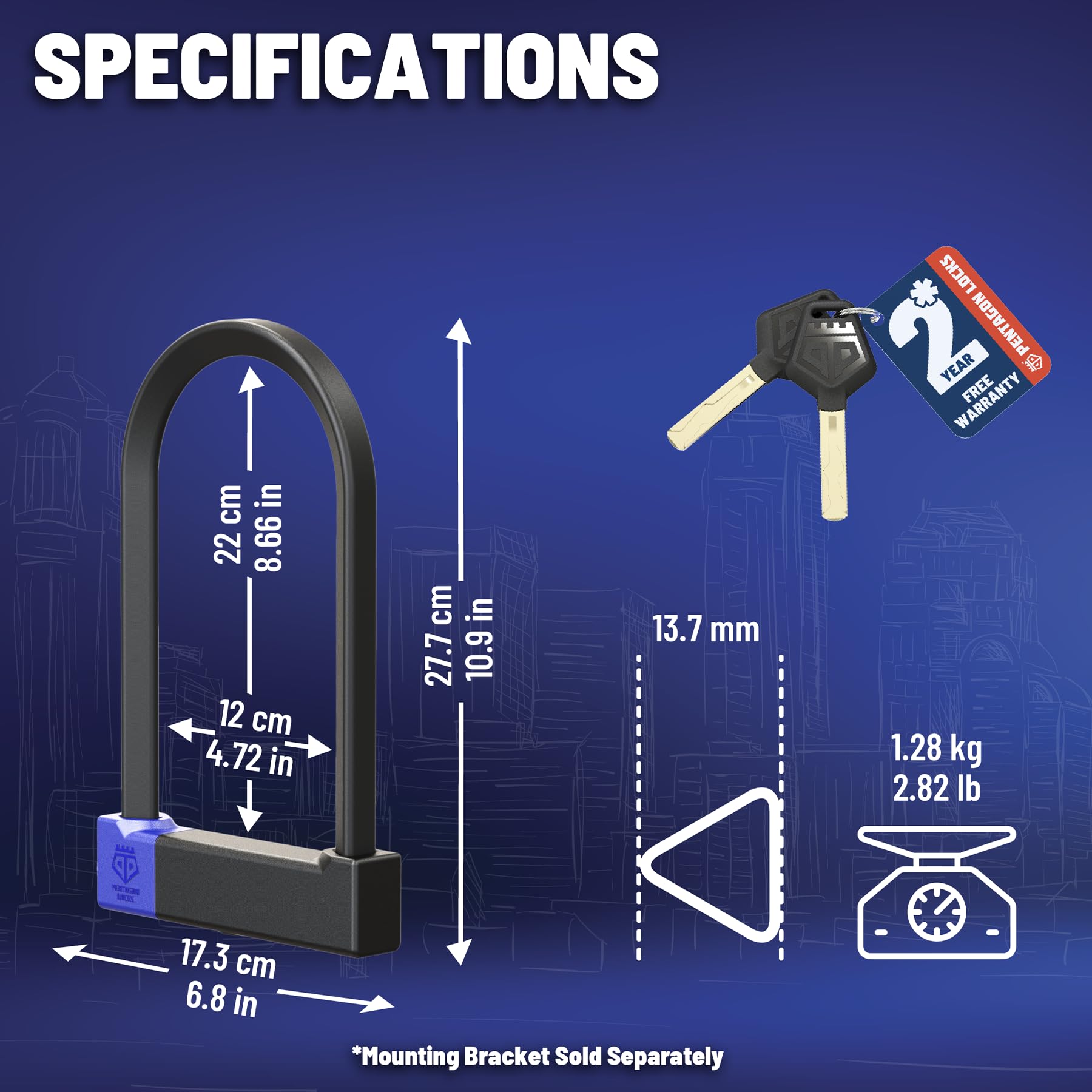PENTAGON Bike U Lock - Candado antirrobo patentado para bicicleta, ultra ligero, se vende seguro, dorado, con llaves para bicicletas, bicicletas eléctricas y scooters (4.72/8.66 pulgadas)