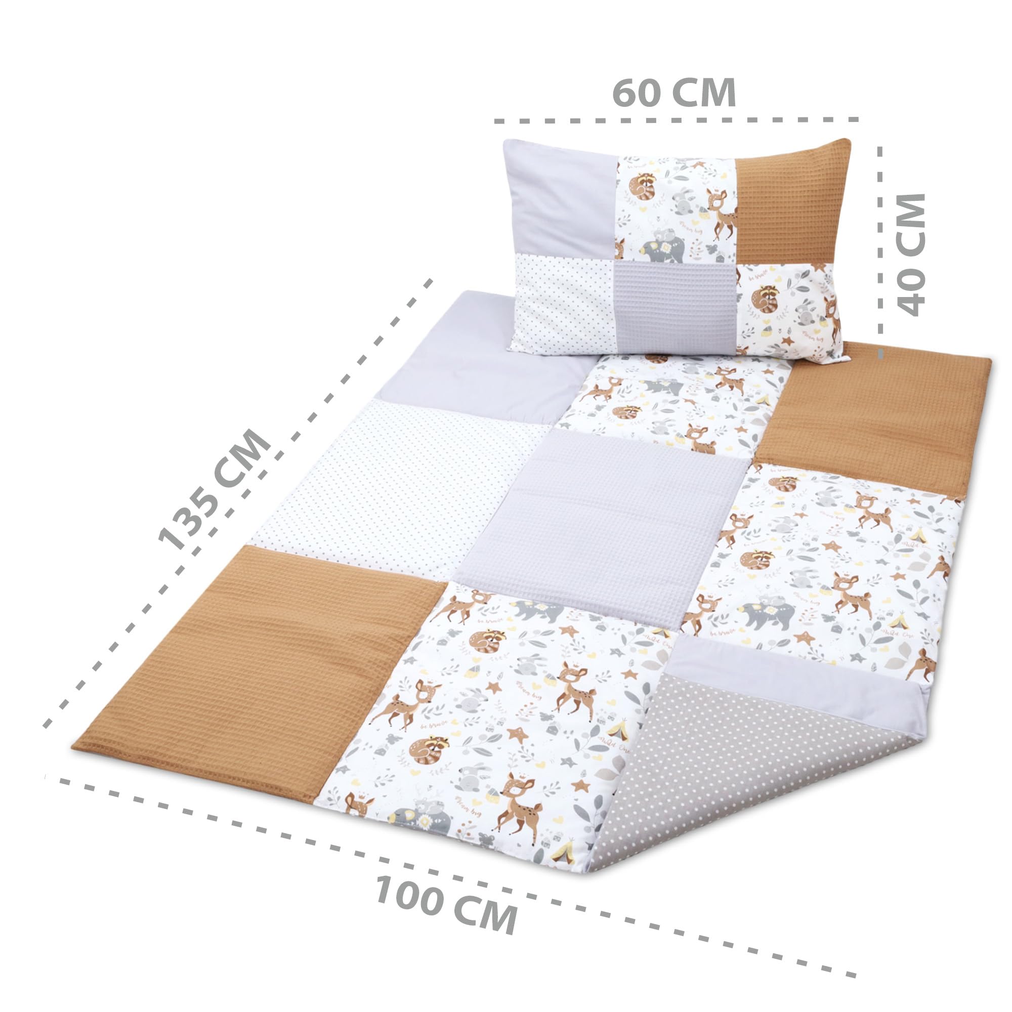 Totsy Baby Kinderbettdecke 100x135 Set mit Kissen - Kinderdecke mit Kopfkissen Kindergarten Bettdecke mit Baumwolle Patchwork Bezug Hirsch Hellgrau