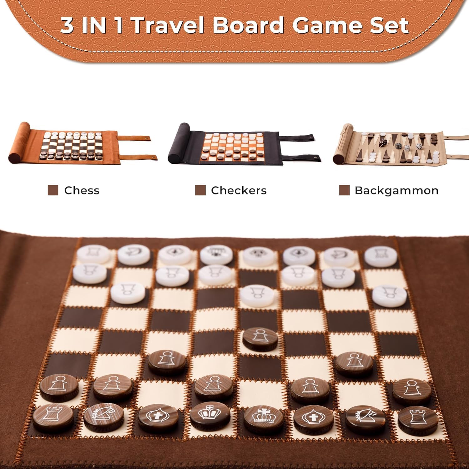 Woodronic Travel Backgammon Set 3 in 1 Chess & Checkers Board Game for Teens Adults Roll Up Leather Portable Games with 32 Premium Pearl Pieces 5 Dice 11x8.5 Inch Family Travel Gift