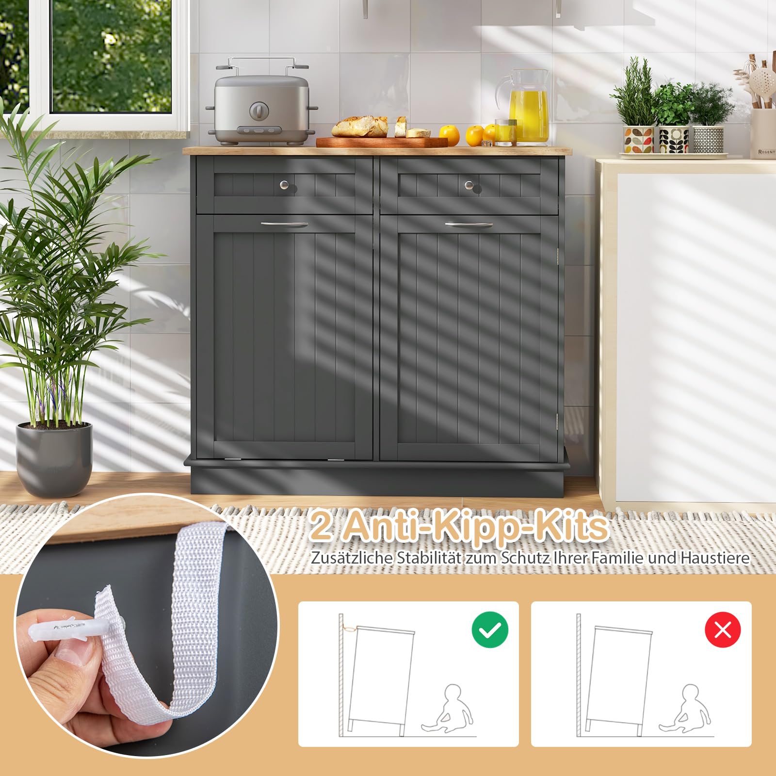 COSTWAY Kommode für Mülleimer 42L, Küchenschrank mit großer Arbeitplatte & 2 Schubladen & verstellbarem Regal, Mülleimerschrank mit Mülleimerhalter, Schrank für Küche ohne Mülleimer (Grau)