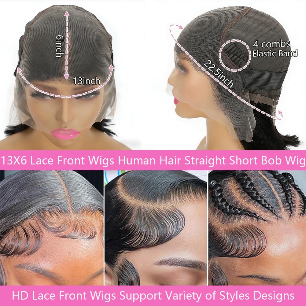12 Inch Straight Bob Wig Human Hair 13x6 Lace Front Wigs Human Hair Pre Plucked Straight HD Lace Frontal Short Bob Wig Glueless Wigs for Women 200 Density