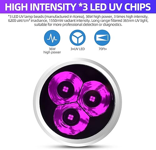 Miniatura 4 de DARKBEAM Linterna UV Blacklight de 365 nm, potente lámpara USB recargable de 36 W LED ultravioleta negra - Detector de orina de mascotas - Minerales