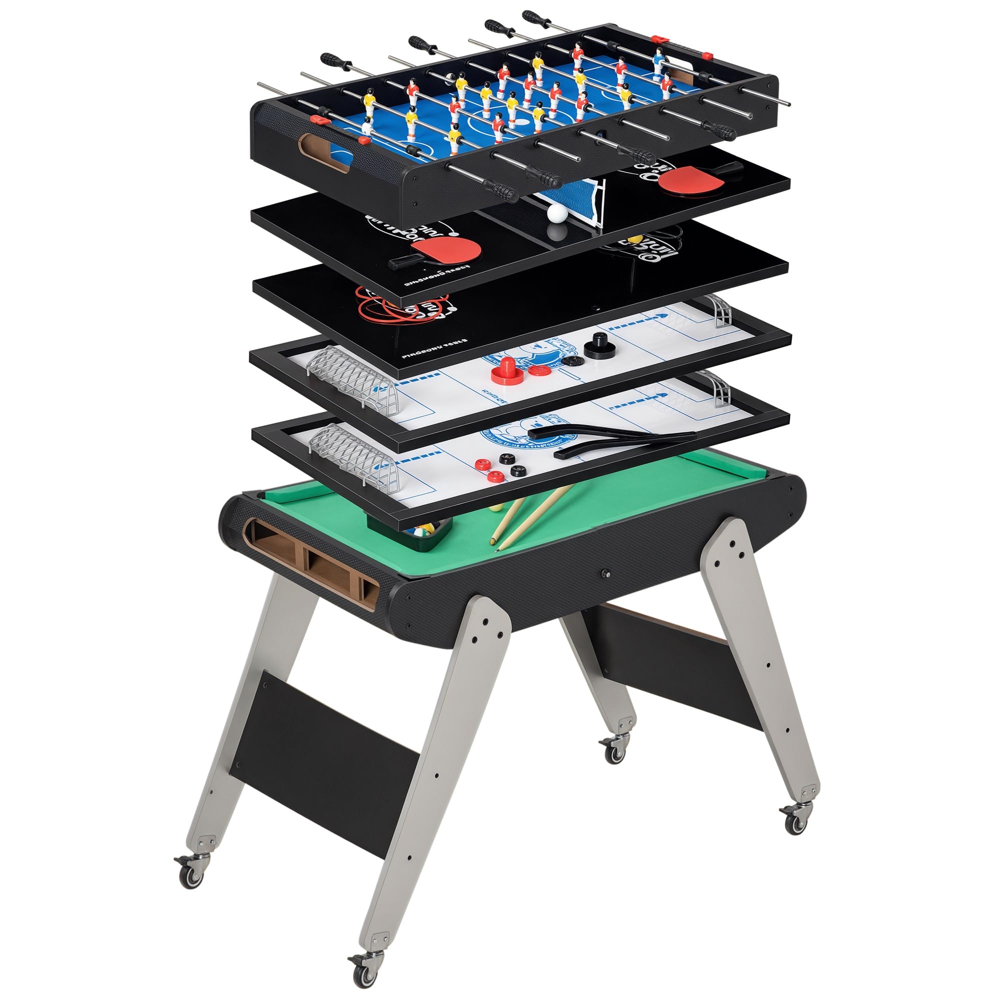 HOMCOM 6 en 1 Mesa Multijuegos para Niños de 7+ Años con Ruedas Mesa de Billar Ping Pong Futbolín Aro de Lanzamiento Hockey sobre Hielo Aire Hockey para Hogar Familia 120x88x79 cm Negro y Gris