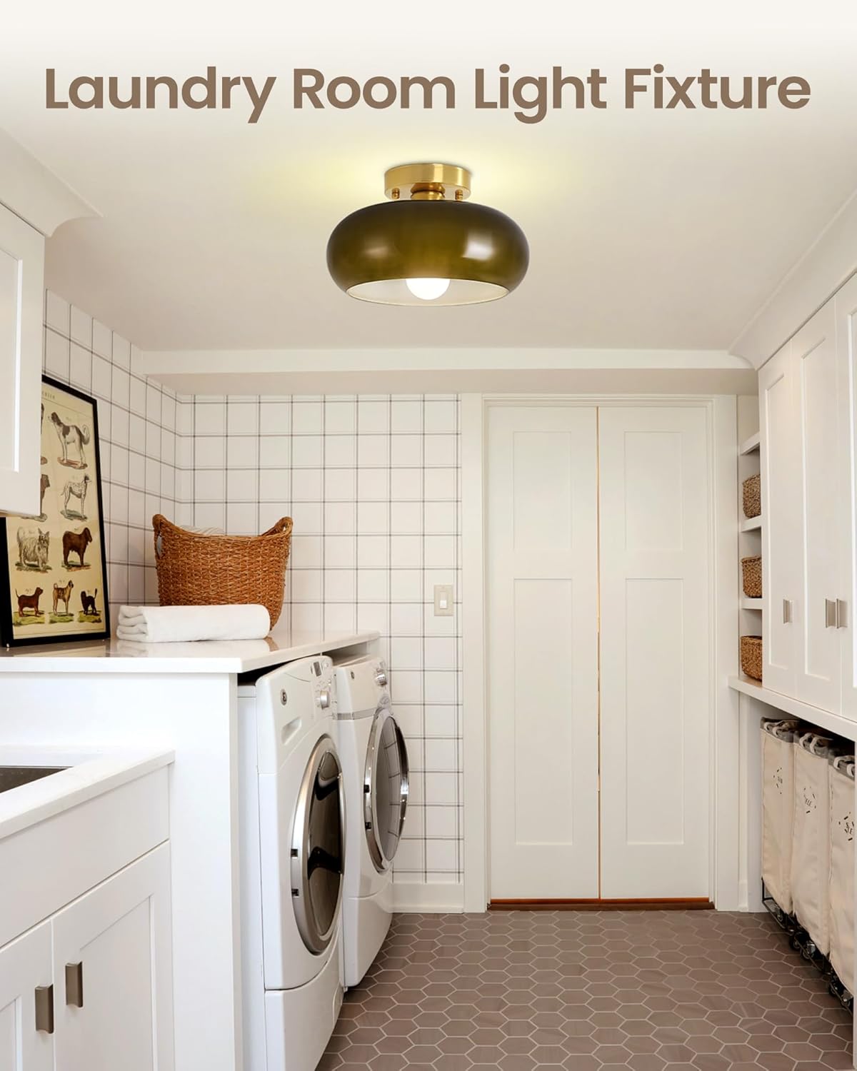 Yunnix Semi Flush Mount Ceiling Light, Gold Light Fixture, Mid-Century Modern Farmhouse Green Glass Small Light Fixtures for Hallway, Bathroom, Kitchen, Bedroom, Living Room, Closet, Laundry(11 Inch)