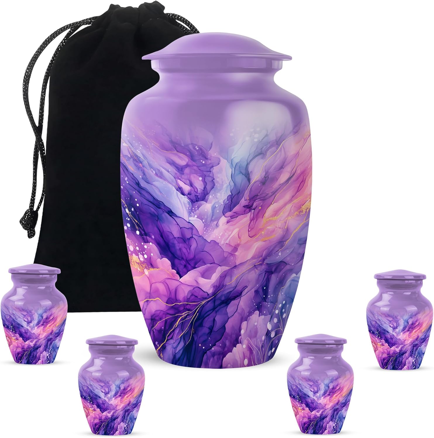 Purple Abstract Burial Urns for Human Ashes Adult Male - Large Cremation Blue Urn for Mom & Dad - Memorial Funeral 4 Small Urns for Ashes for Female (Set of 5-10" & 3")