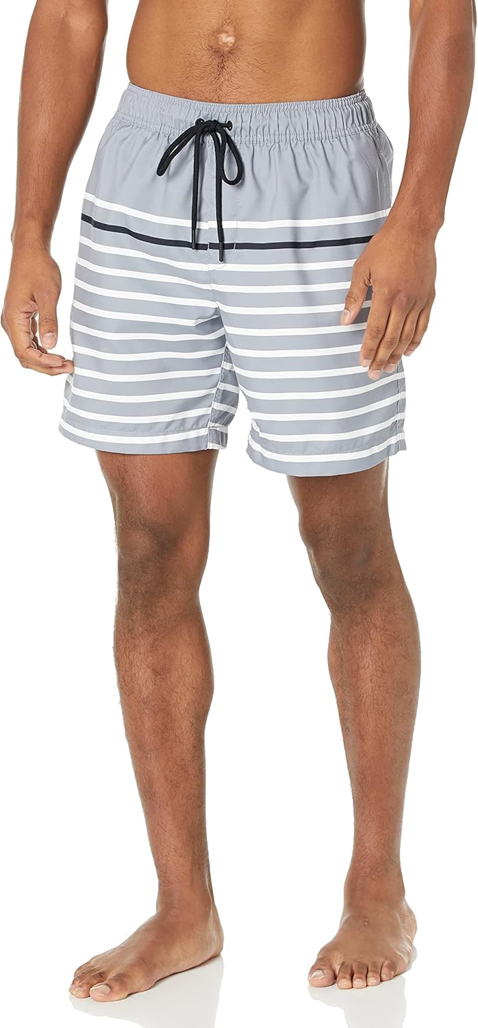 Amazon Essentials Men's 7" Quick-Dry Swim Trunk X-Large Charcoal/Black, Narrow Stripe