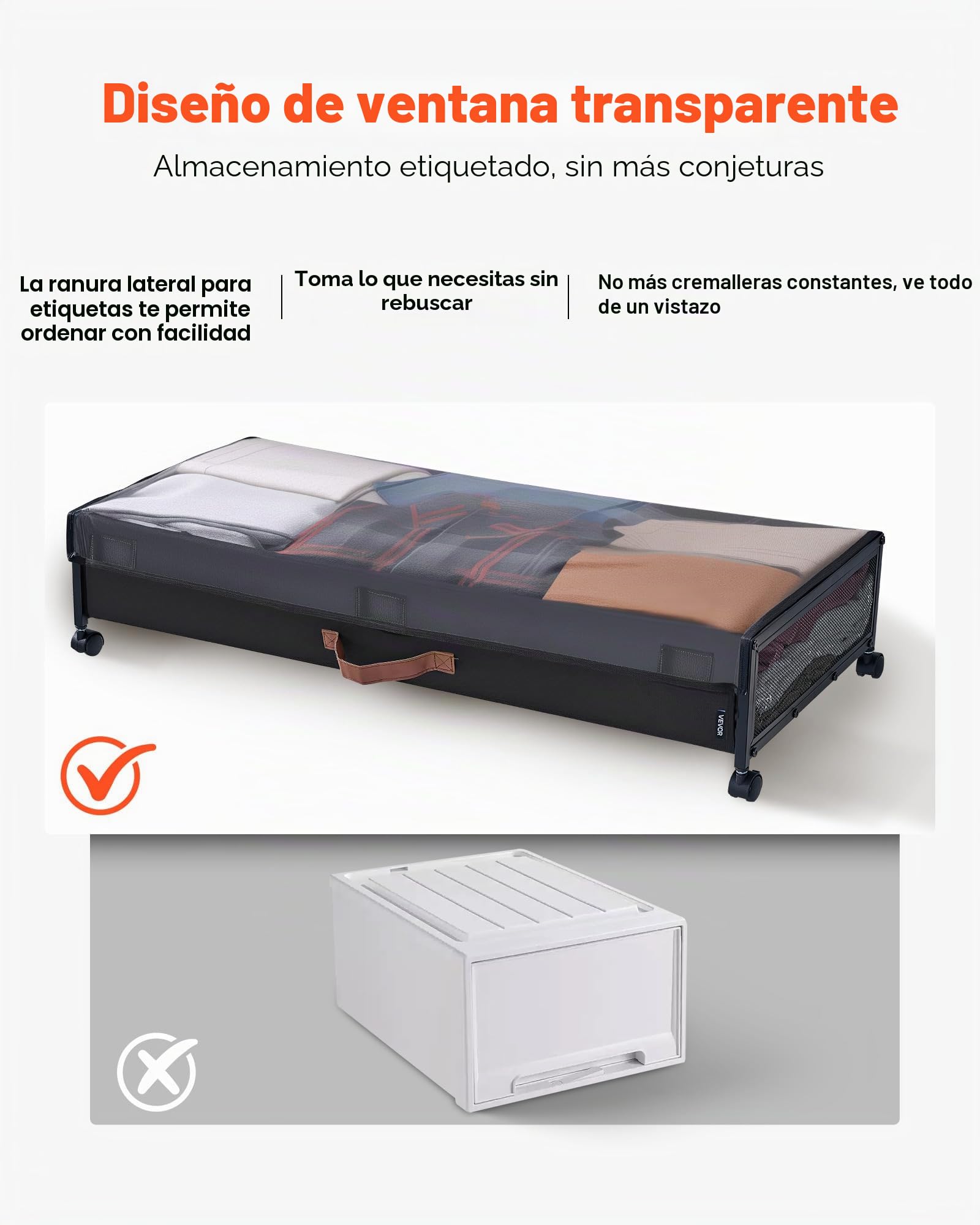 VEVOR Contenedor de Almacenaje para Debajo de Cama con Ruedas 91,5 x 46 x 18,5 cm 2 Piezas Bolsa Bajo Cama con Tapa Transparente Organizador de Ropa, Zapatos, Mantas para Dormitorios, Salas de Estar