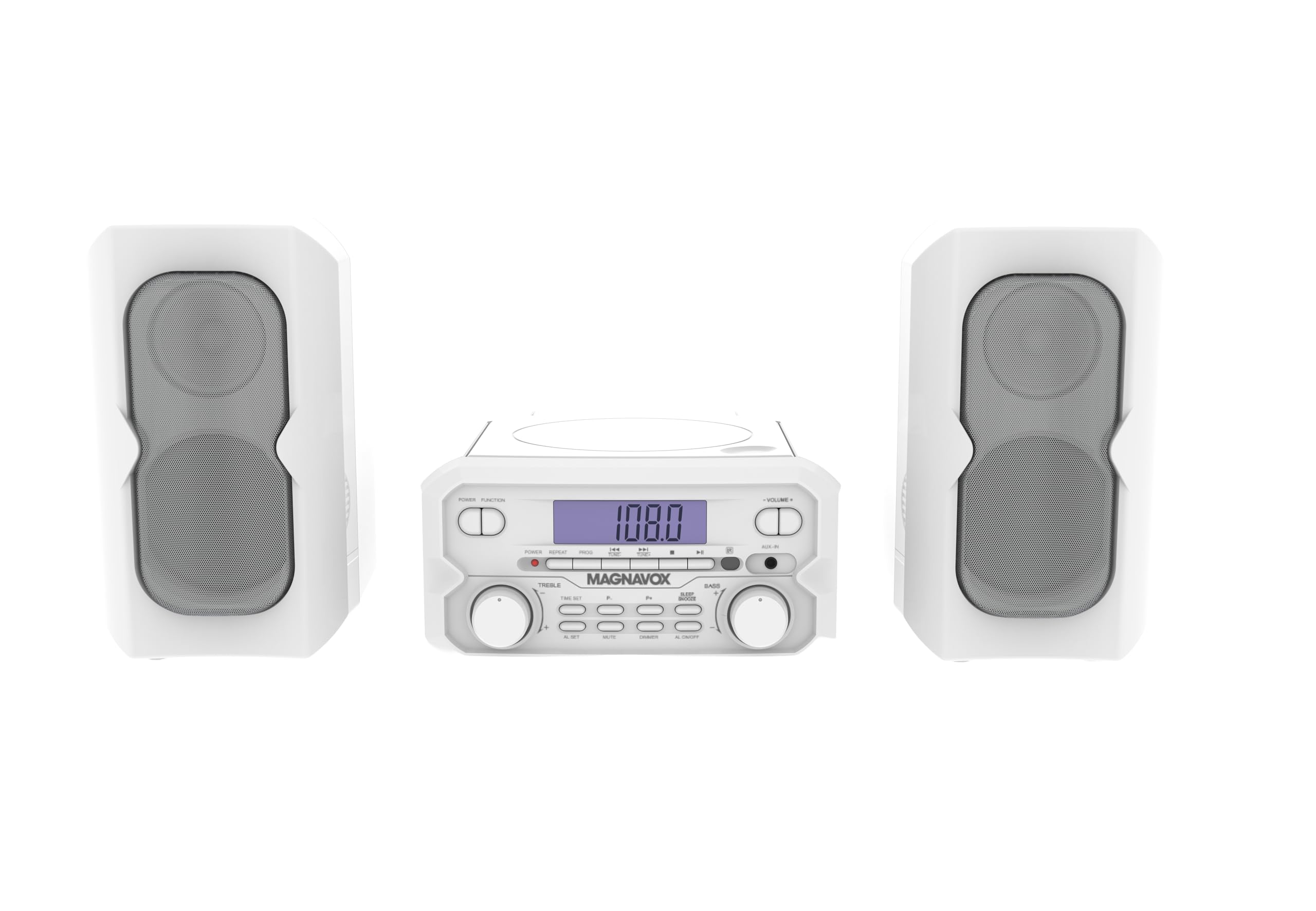 Magnavox 3-Piece Compact CD Shelf System with Digital FM Stereo Radio, Bluetooth Wireless Technology, and Remote Control in White | LCD Display | AUX Port Compatible