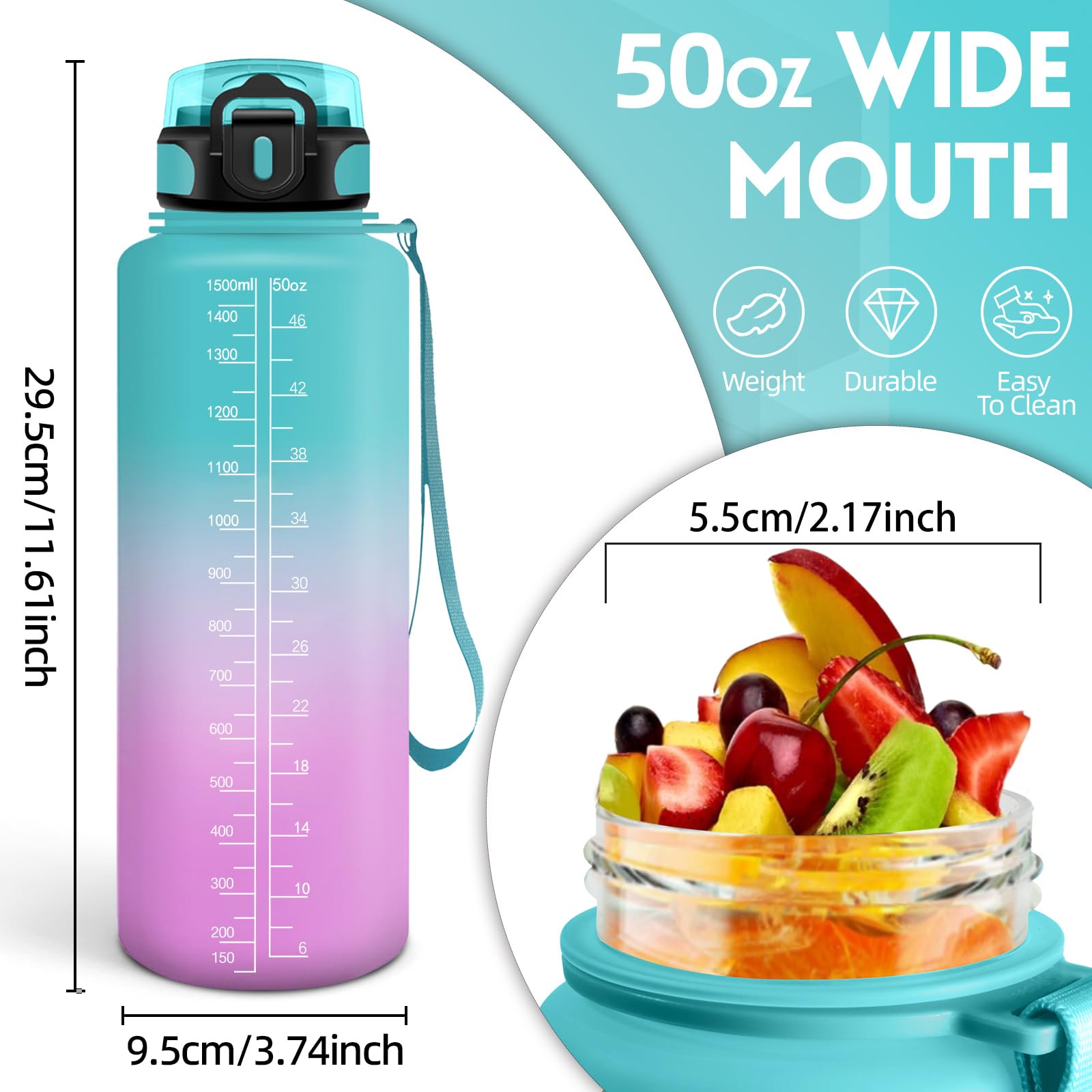 Borraccia, 1500ML Senza BPA, Borraccia Bambini, Design della serratura a prova di perdite, Borraccia Motivazionale, Con marca temporale, Bottiglia Acqua per Yoga, Scalare Montagne - Verde Polvere