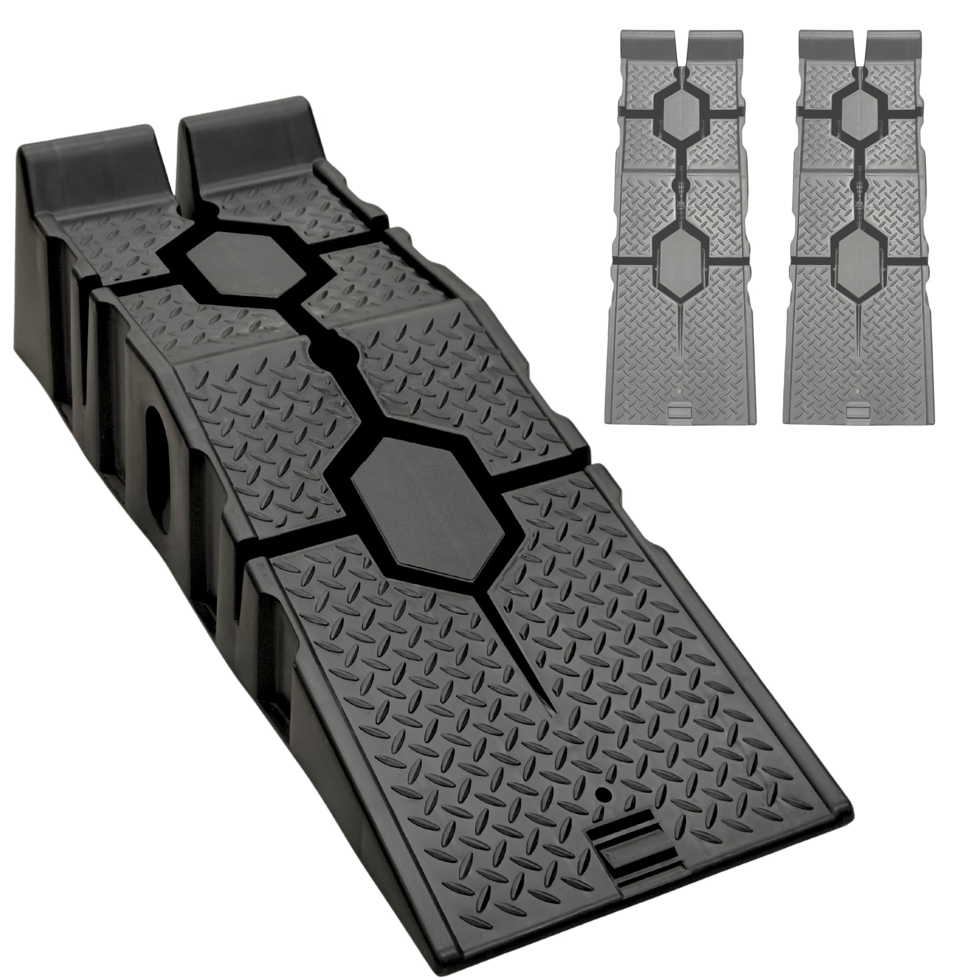 Rampas Elevadoras para Coche, Juego de 2, Plástico Composite, Capacidad 2,5 Toneladas, Antideslizantes, con Tope de Seguridad, para Talleres y Garajes