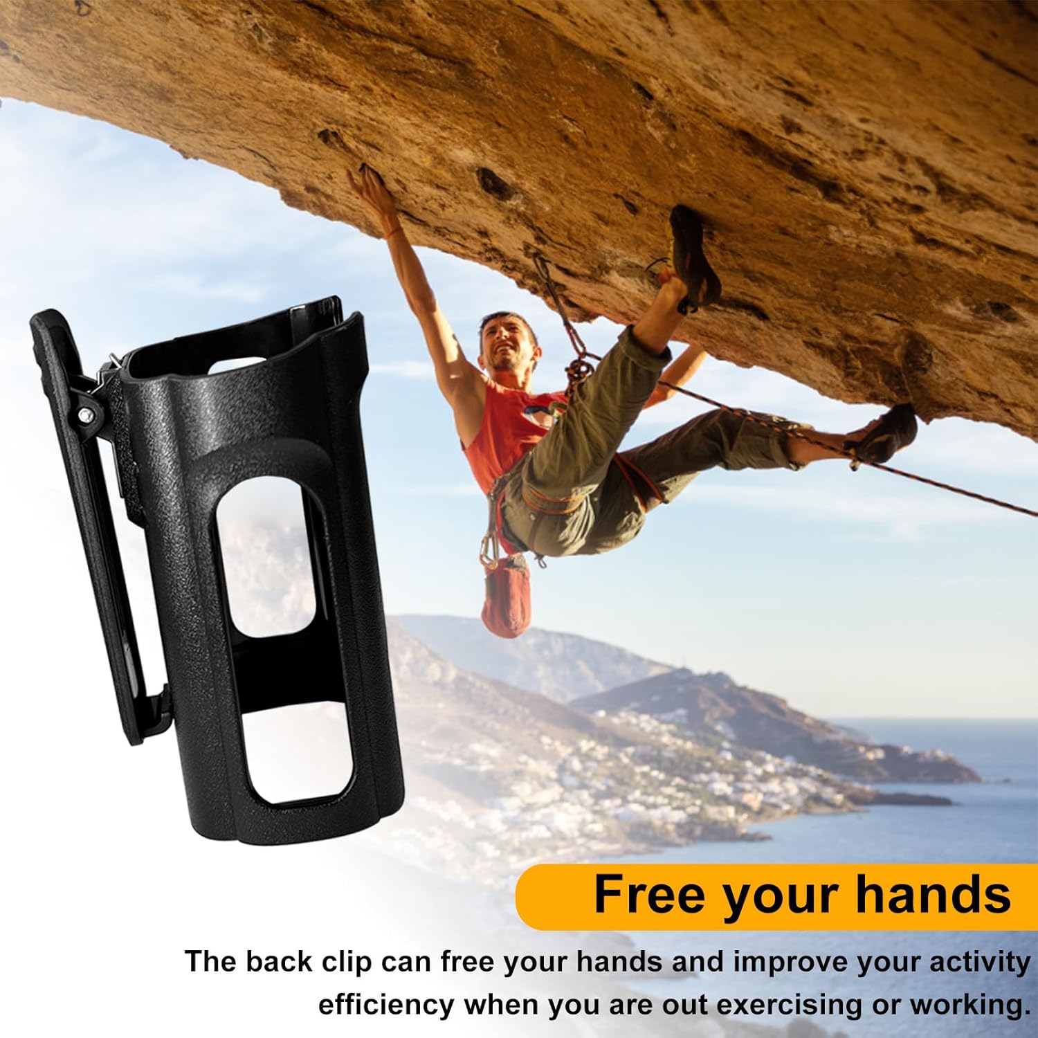 Four images showing different professionals (logistics, site personnel, hotel staff) and an individual engaged in outdoor activities, all utilizing the BAOFENG DM32 holster with a walkie-talkie.