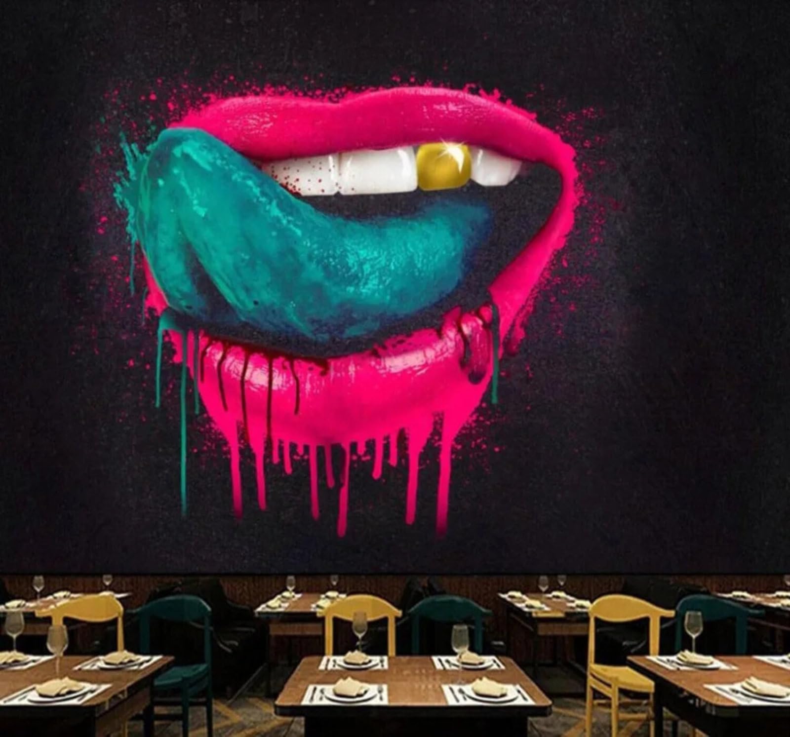 Xlming 350Cm×256Cm(B×H) Abstract Graffiti Red Lips Gold Teeth Individuality 3D Wallpaper Premium Textured Silk Study Dining Living Room Bedroom Sofa Tv Wall Easy Install-350Cm×256Cm