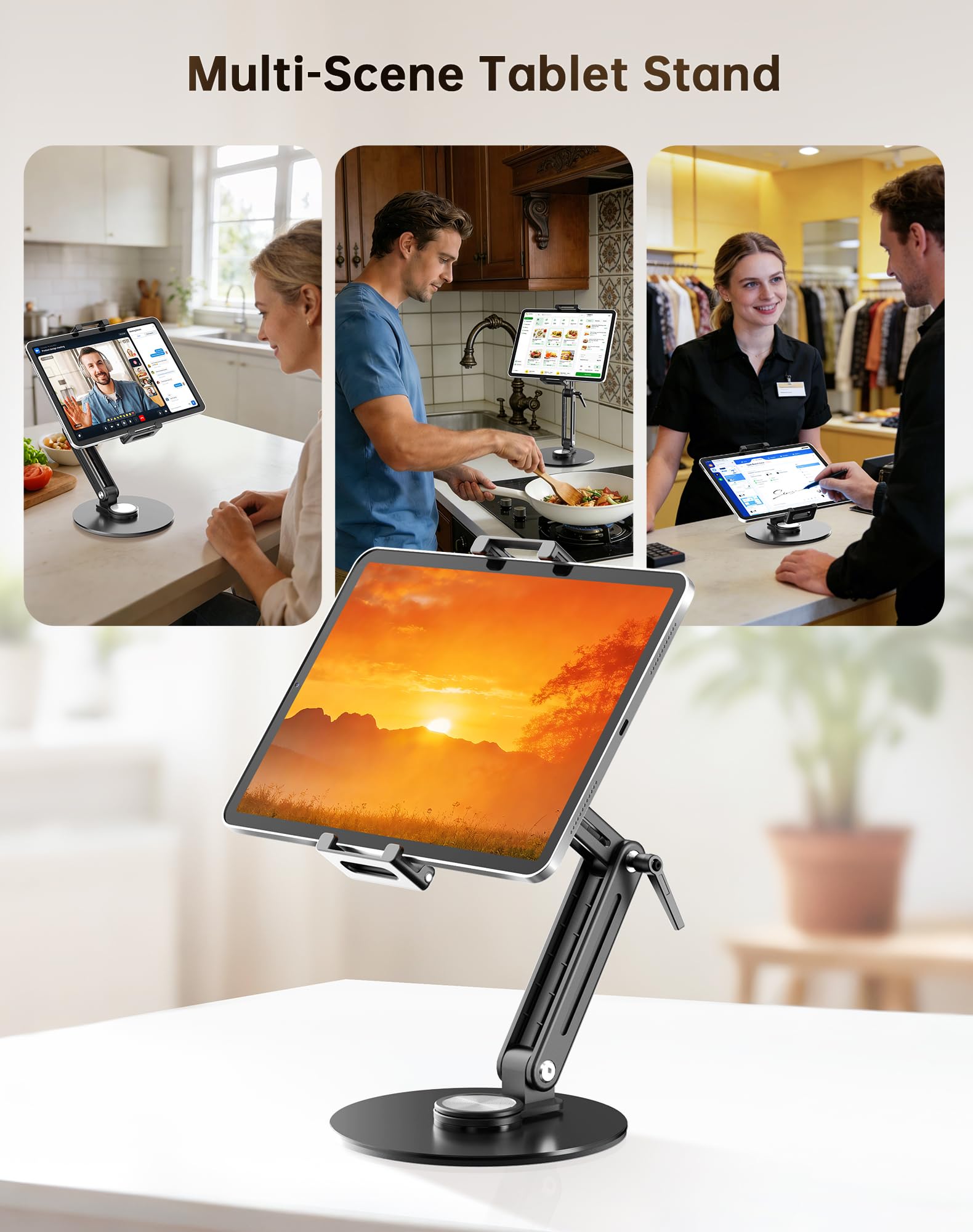 Supporto portatile per monitor e tablet, robusto supporto in alluminio, base girevole a 360°, capacità di carico di 2 kg, pieghevole per iPad da 4,7-18,5 pollici, tablet, monitor, cucina e viaggi