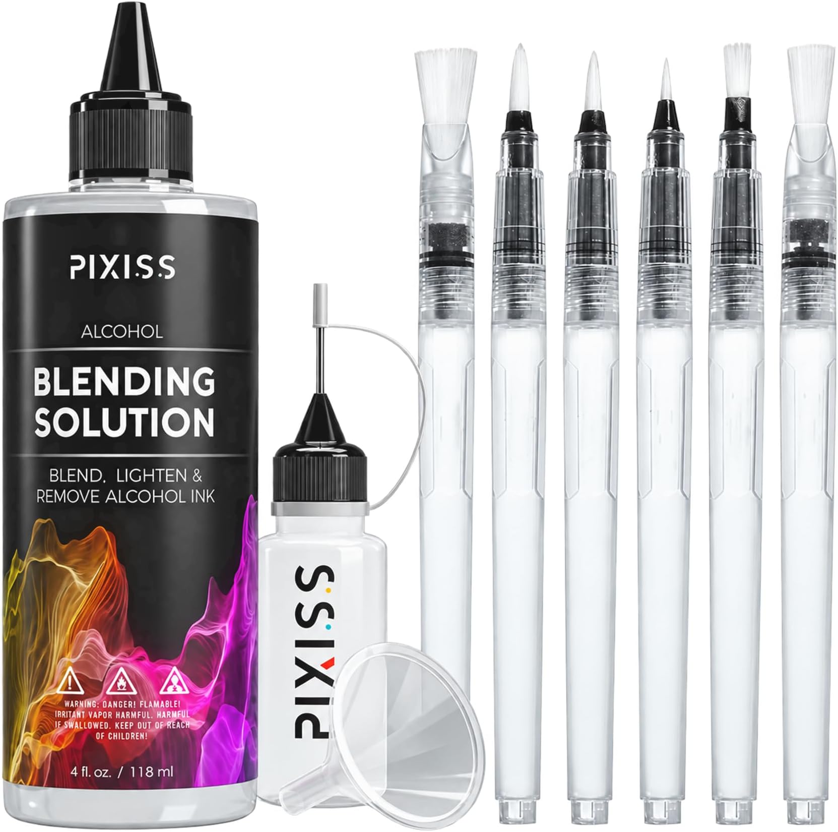 Alcohol Ink Blending Solution (4oz) and Water Brush Pen (6pk) - Watercolor Blending Brush Pens for Alcohol Ink Painting with Various Tips with Alcohol Blending Solution
