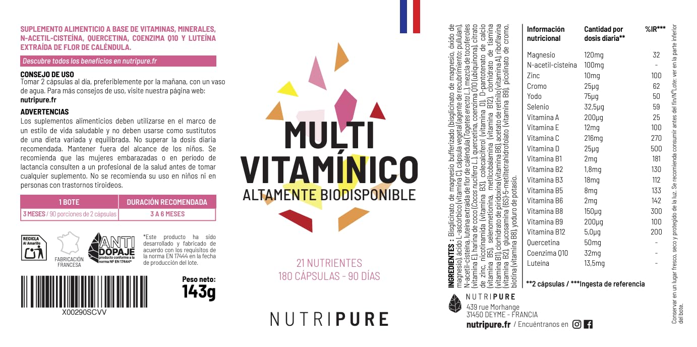 Nutripure | Multivitaminas y Minerales 21 Nutrientes | Suplemento Alimenticio | Magnesio, Vitamina B12, Vitamina D, Zinc | Antioxidante, Cognitivo, Visión | 180 Cápsulas | 3 Mes | Fabricado en Francia