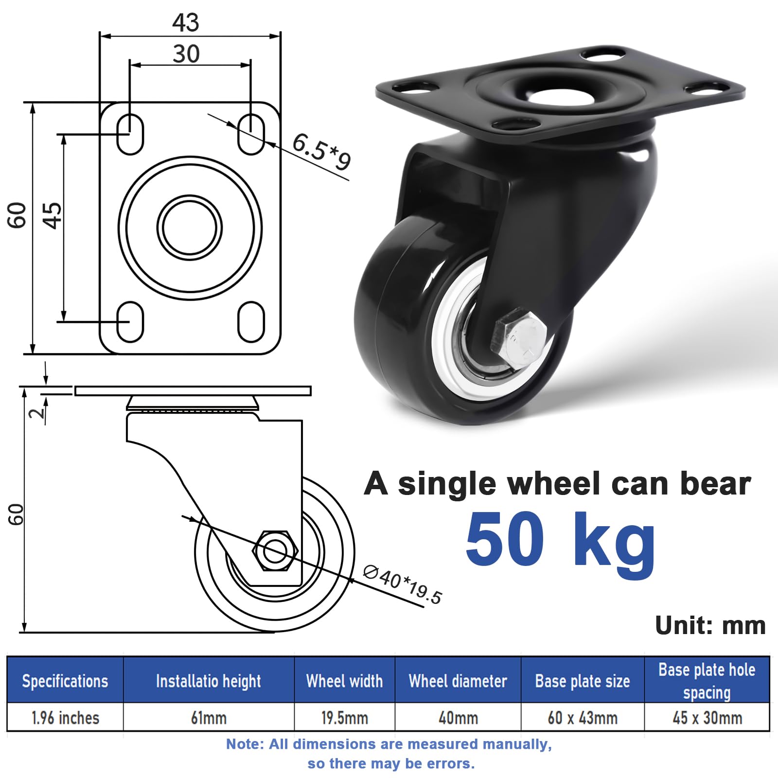 Gaodeding Heavy Duty Castor Set of 4, Load Capacity Up to 200kg, 360° Swivel Trolley Wheels, Quiet - Image 2