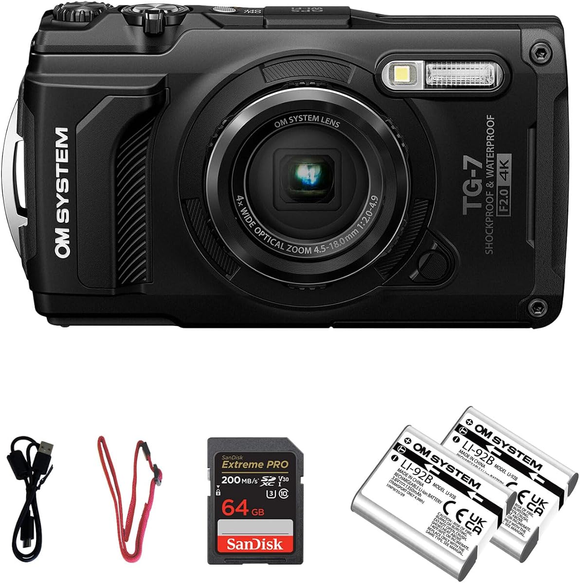 OM SYSTEM Tough TG-7 Waterproof 12MP 4K Video Digital Camera, Black, Bundle | Bundle includes extra rechargeable Li-ion battery and 64GB memory card. 12MP, adventure-ready for hiking and snorkeling