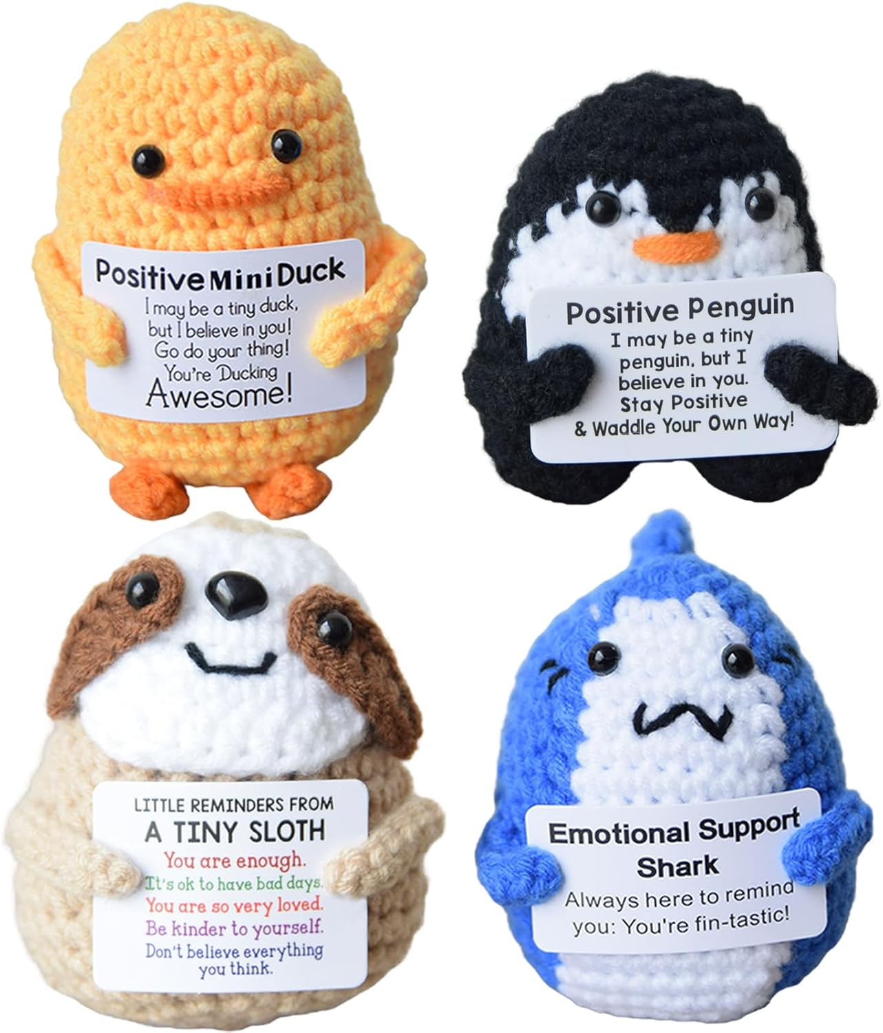 Mini Cute Positive Crochet Animals – Inspirational Gifts for Mental Health & Emotional Support – Handmade Duck, Sloth, Shark, & Penguin for Women, Men, Birthday, Graduation, & Christmas Decor