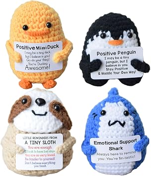JoyChoi Mini Cute Positive Crochet Animals - Inspirational Gifts for Mental Health & Emotional Support - Handmade Duck, Sloth, Shark, Penguin for Women, Men, Birthday, Graduation, Christmas Decor