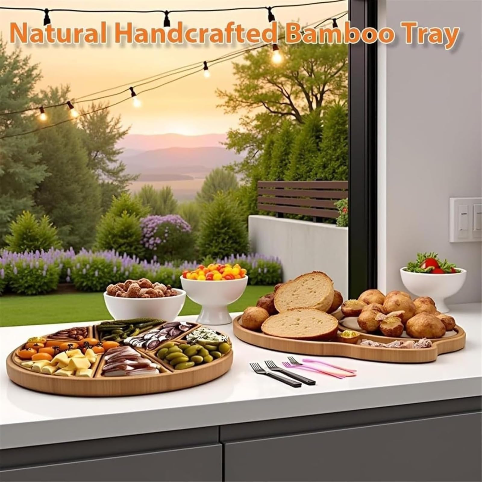 Grand Plateau de Service en Bois avec 8 Compartiments Amovibles, idéal pour Les Fruits, Les Noix, la Viande et Les sauces. Parfait pour la Table Basse, Le Salon et Les Pique-niques (Petit et