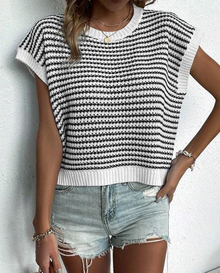 Womens Short Sleeve Sweater Top Cap Sleeve Crewneck Striped Knit Top Casual Pullover Sweater2