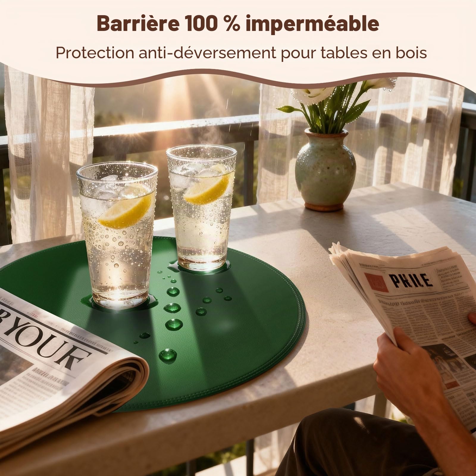 Lot de 6 Sets de Table Ronds épais en Similicuir PU, imperméables, antidérapants, lavables, résistants à l'huile, infroissables, pour Cuisine, Salle à Manger (Vert)