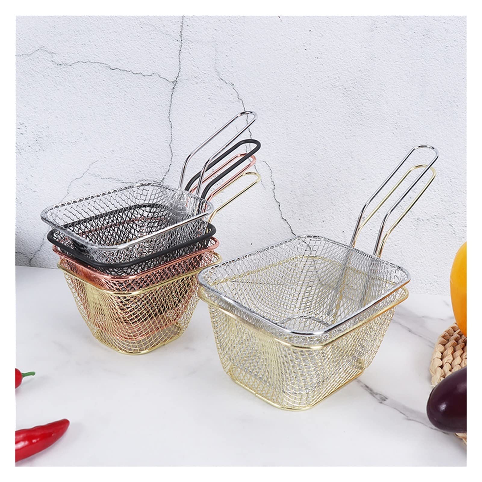 Cestello per fritture Chef's Choice in acciaio inossidabile - Perfetto per patatine fritte croccanti e esposizione di cibi - Resistente, elegante e pratico - Grandi dimensioni - Grigio