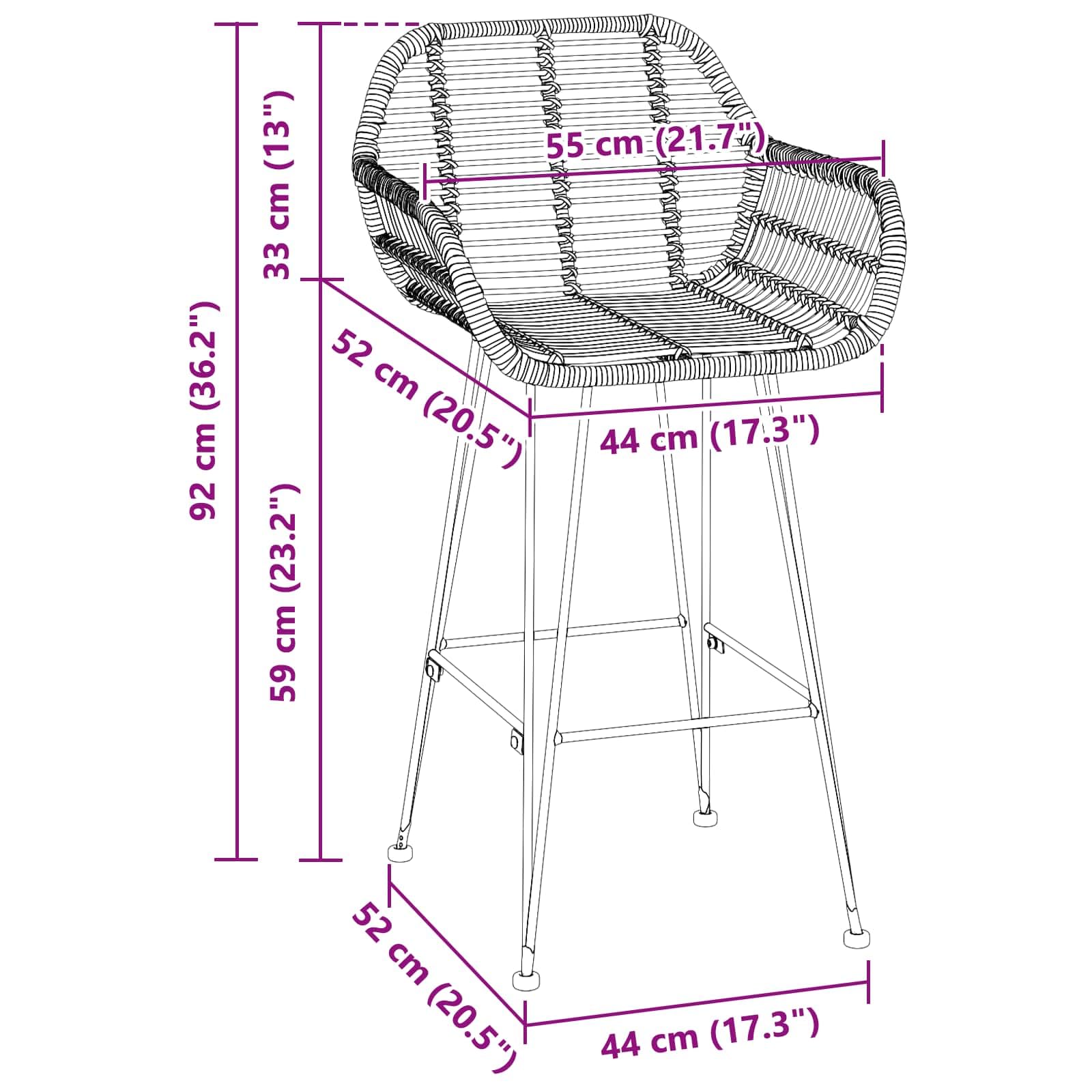 vidaXL Silla de Bar 2 uds. Negro 55 x 52 x 92 cm Ratan e Hierro
