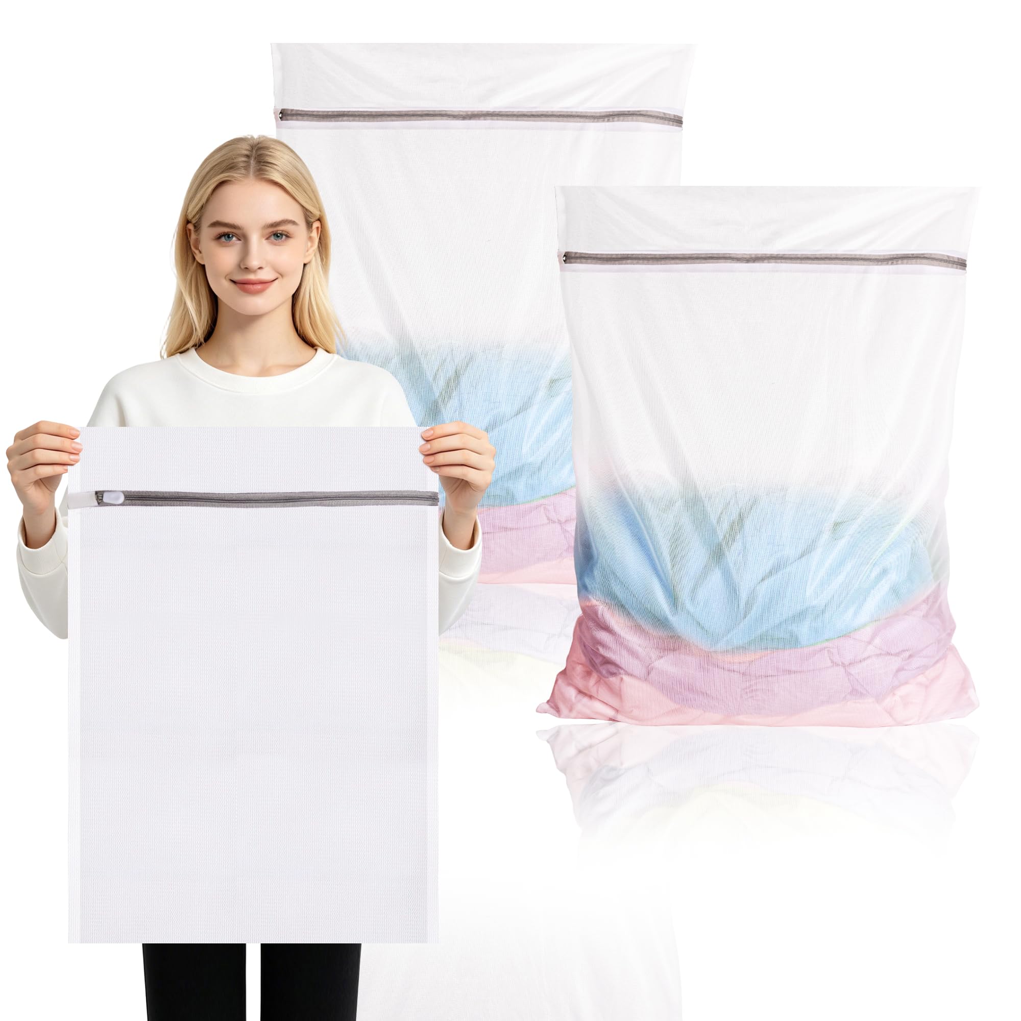 Szyanlai White 2 Pcs Extra Large Mesh Laundry Bag 80X60cm，Mesh Laundry Bags For Washing Machine, Laundry Bags With Zips, Reusable Washing Machine Wash Bag For Clothes, Underwear, Socks (2Xxxl,)