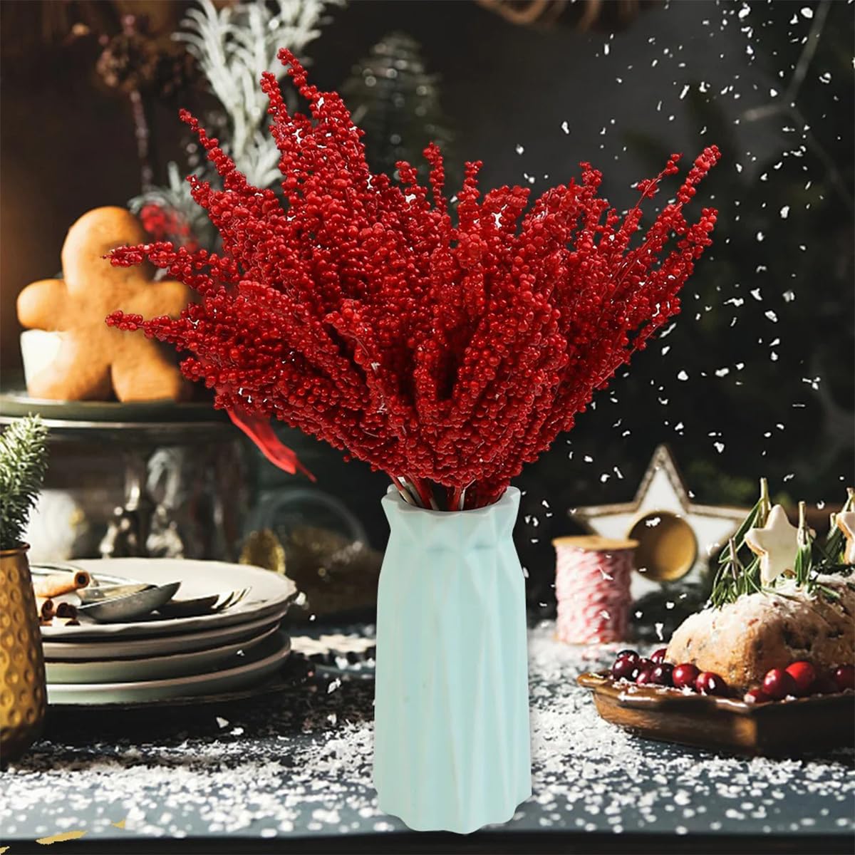 Lot de 20 Branches de Houx artificielles (6 x 32 cm) pour décoration de Noël, couronnes et Loisirs créatifs, Rouge
