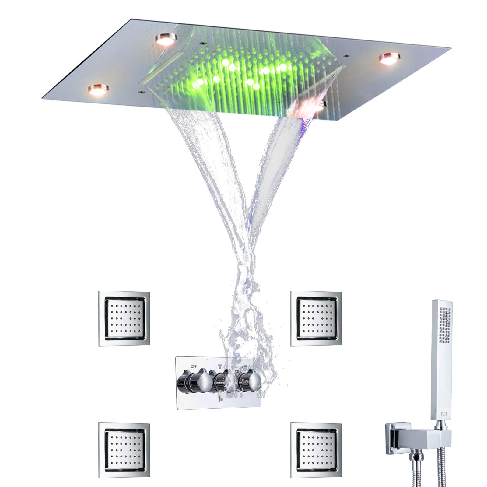 Bathroom Rainfall Shower Fixtures System Concealed Ceil Mounted 20X14 Inch Rectangular LED Waterfall Rain Shower Head Bath Body Combo Jets And Brass Hand Shower Chrome Polished