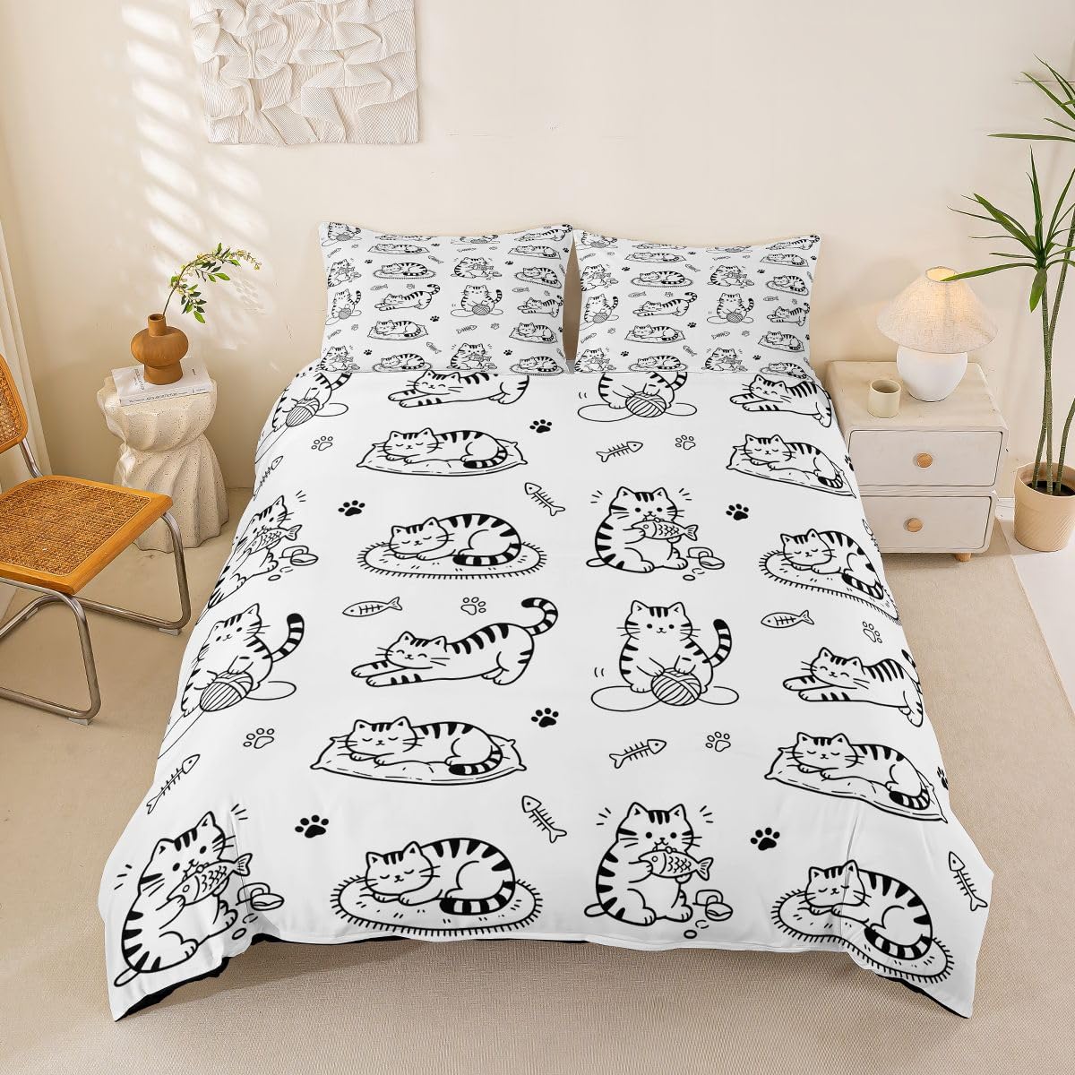 Housse de couette 2 personnes motif chaton avec taies d'oreiller 65x65 microfibre