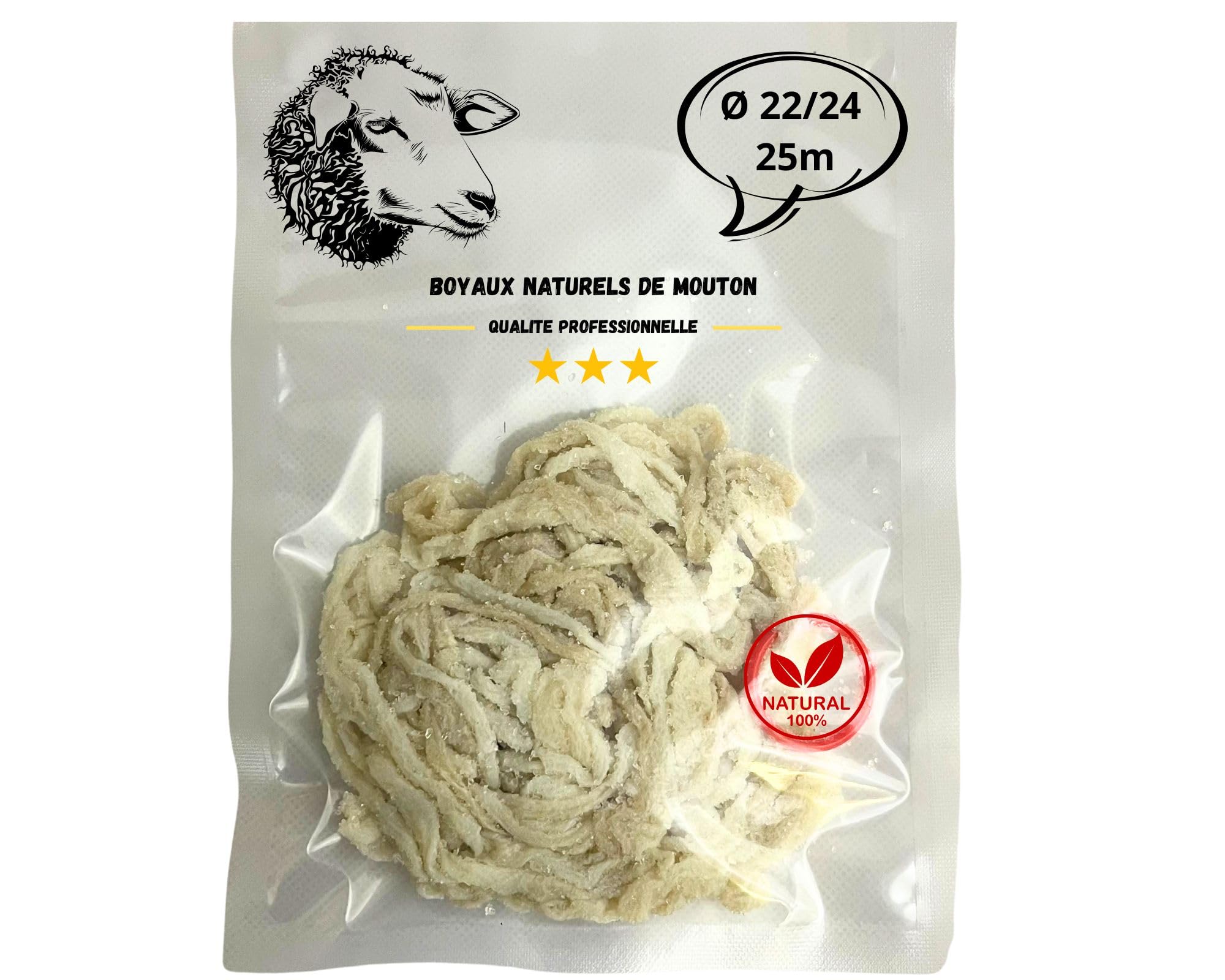 BOYAUX NATUREL DE MOUTON CALIBRE 22/24 25M POUR SAUCISSE,MERGUEZ, CHARCUTERIE MAISON,