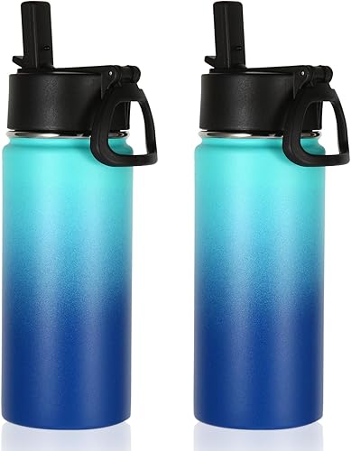 Miniatura 9 de Volhoply Paquete de 2 botellas de agua para niños de 16 onzas, botellas deportivas aisladas con tapa con pajilla, botella de acero inoxidable con
